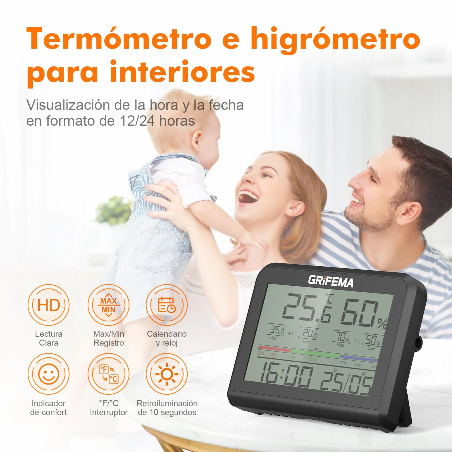 GRIFEMA GA2901B, Termómetro Digital Interior del Higrómetro, Digital Medidor de Humedad con Retroiluminación, Registro Máx/Mín, Reloj/Fecha, Ideal para Hogar/Invernadero, Negro