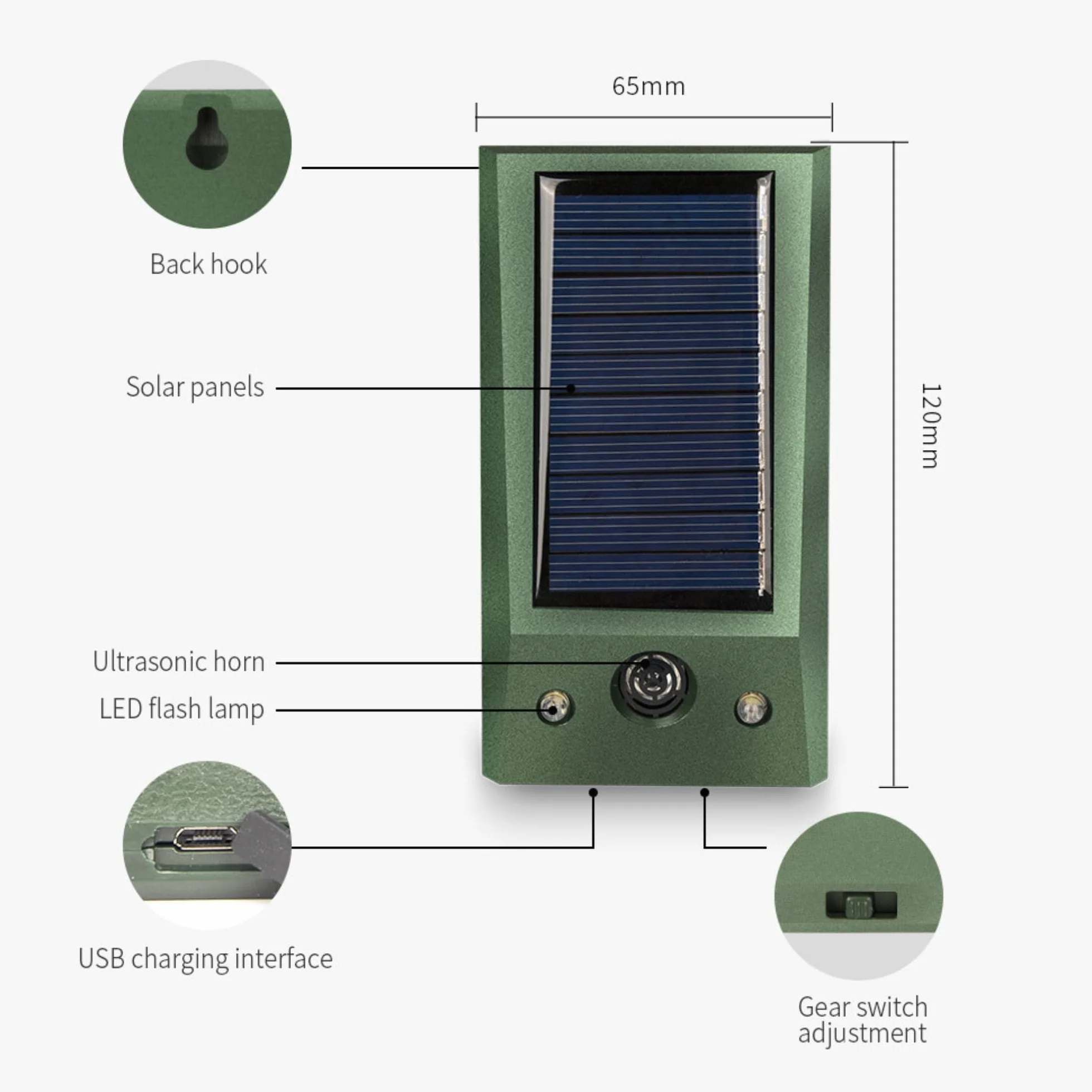 Ahuyentador de Palomas,Aves,Gatos con ultrasonidos, se Recarga con su Placa Solar para Exteriores Emite ultrasonidos de Forma Continua