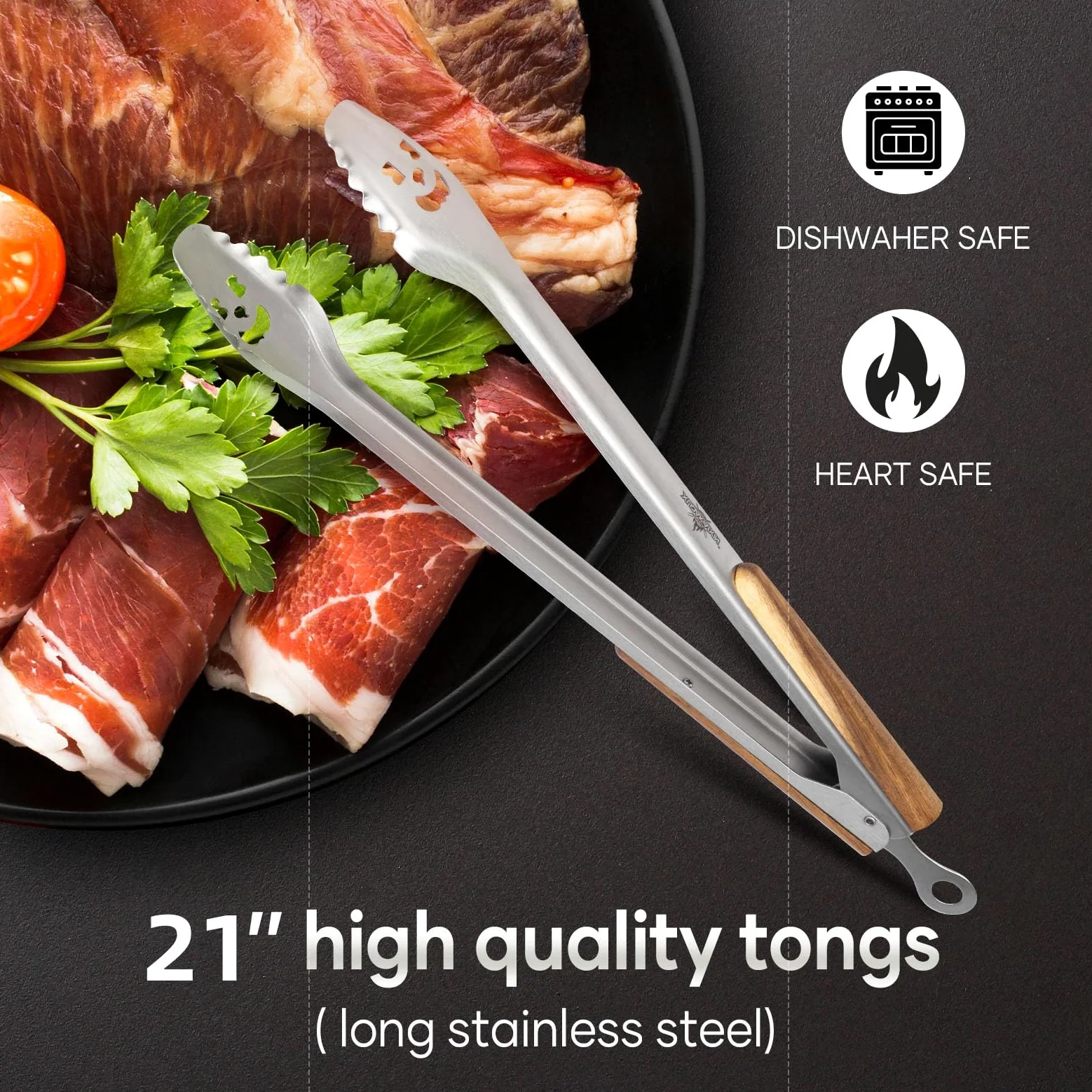 XUDAKAIXIN Pinzas de barbacoa de acero inoxidable extralargas de 53.3 cm con mango ergonómico de madera de acacia, herramienta de parrilla duradera y fácil de limpiar para cocinar, uso en la cocina y