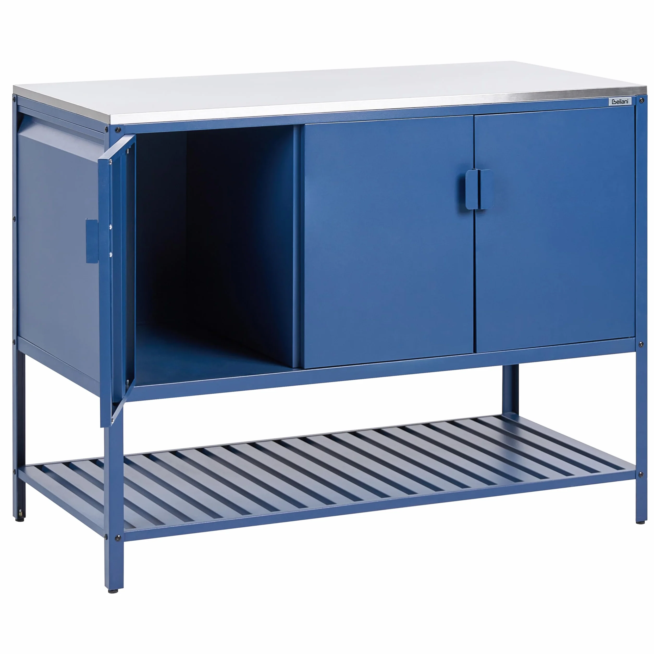 Beliani Conjunto de Armario de Cocina y Mesa de Bar para Exterior de Acero 3 Puertas encimera de Acero Inoxidable jardín Azul Maenza