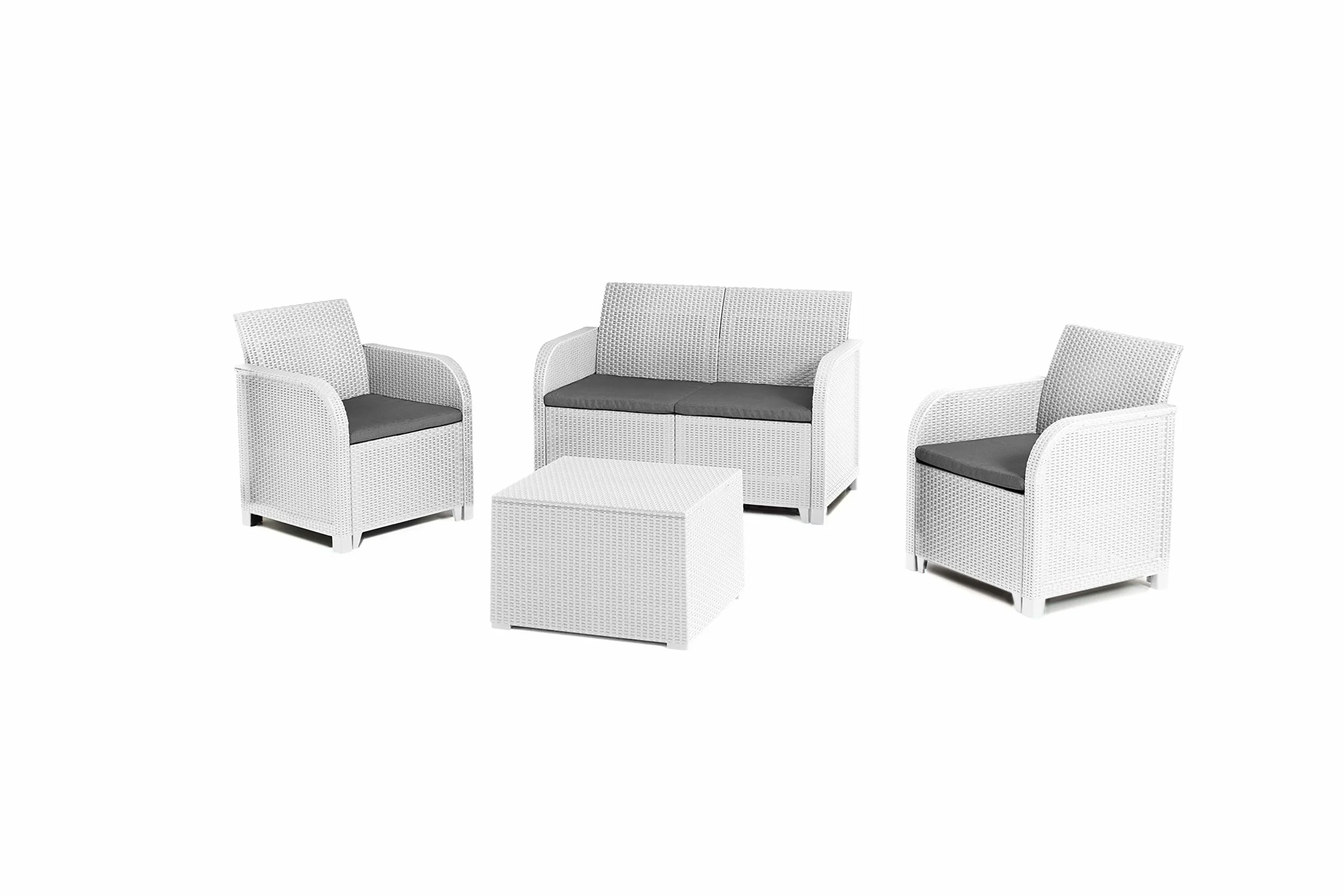 Keter Rosalie Lounge - Juego de Muebles con Cojines - Sillones de 65 x 63 x 74 (alt.) cm - Sofá de 113 x 65 x 74 cm de Altura - Mesa contenedora 60 x 55 x 39