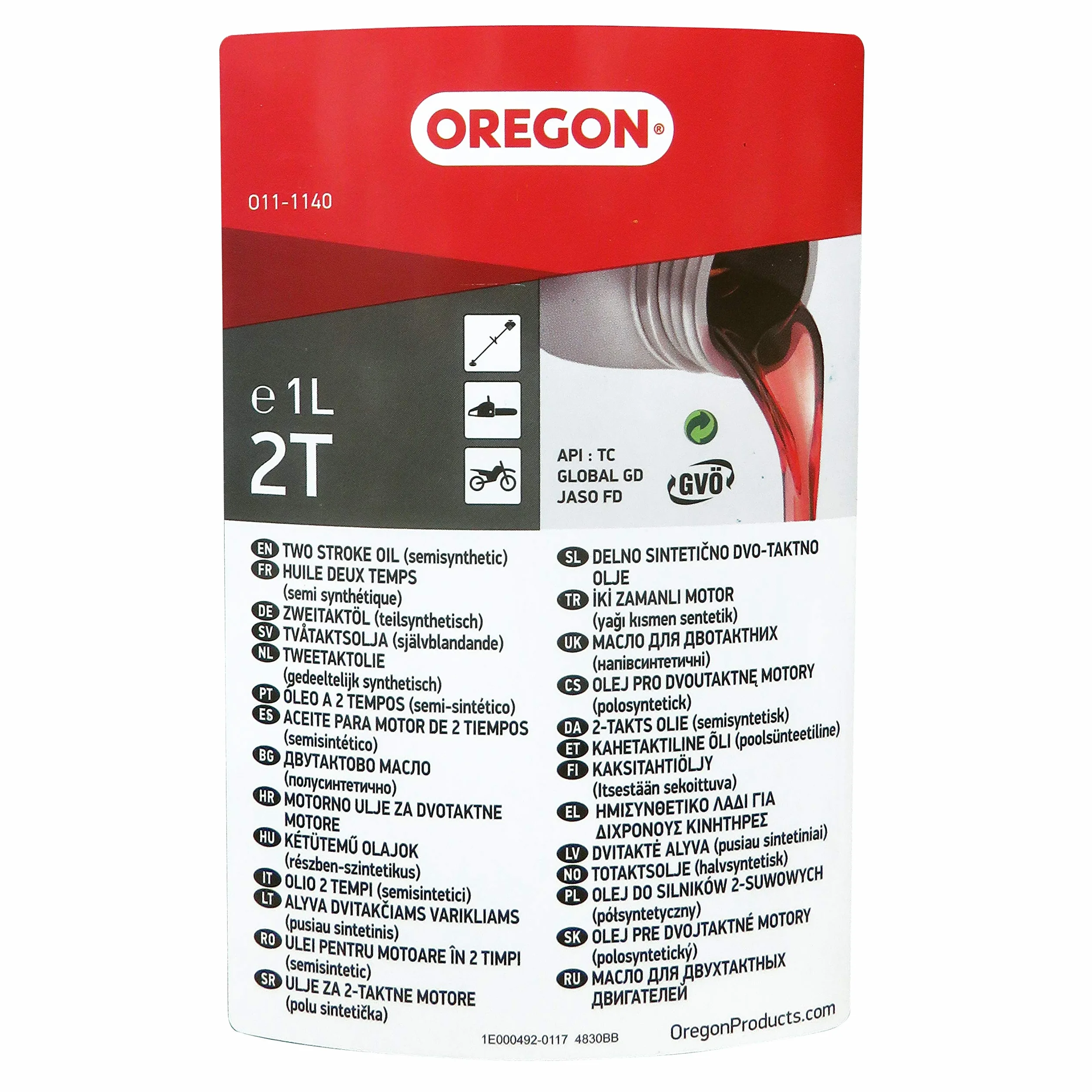 Oregon Aceite de Motor de 2 Tiempos, Aceite Mineral Semisintético para Mezcla, Combustión Limpia, Bajo Contenido de Cenizas, Protege el Motor, 2T, 1 Litro, Doble Cuello (O11-1140)