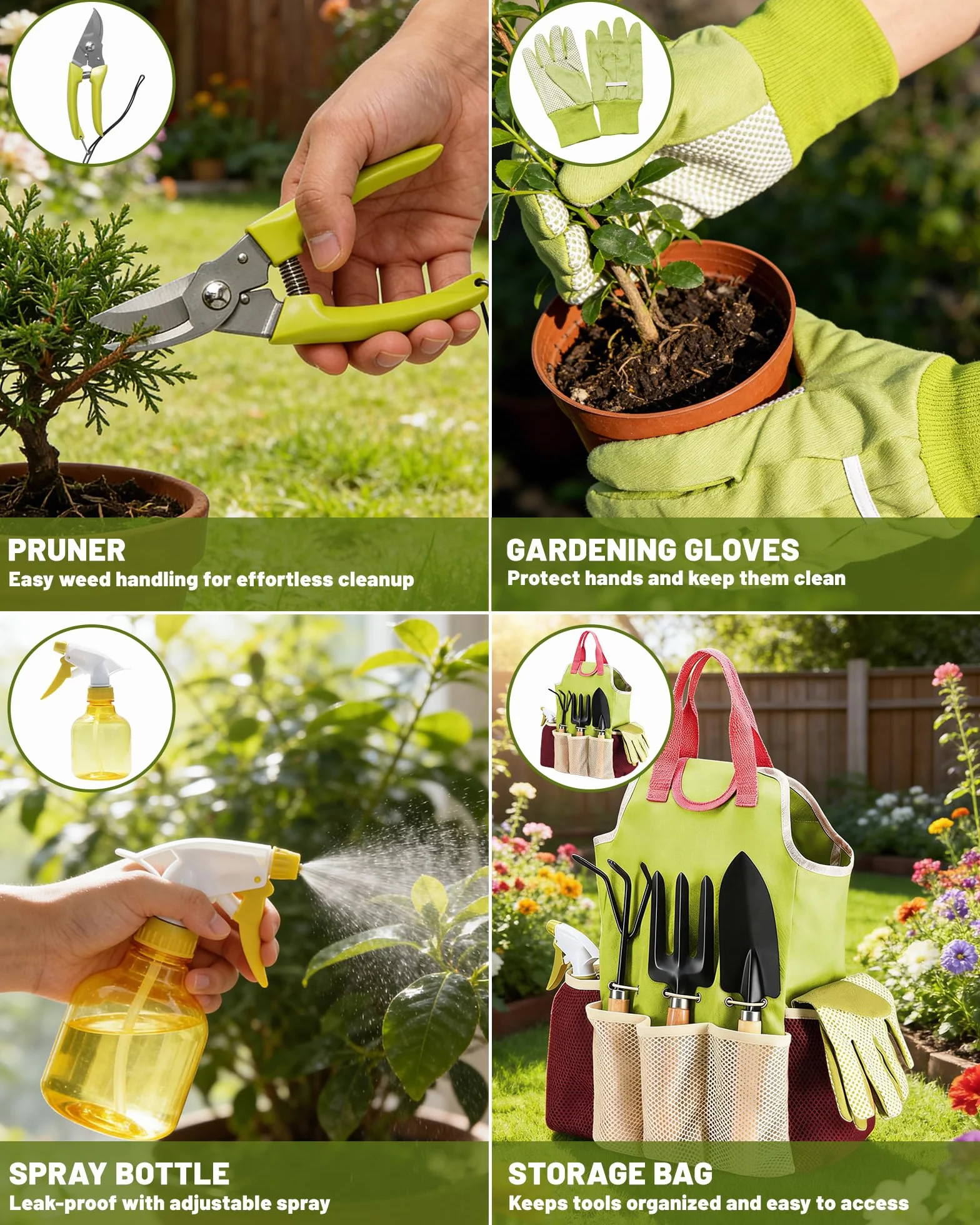 Juego de Herramientas para Jardín 9PC Kit Jardineria，Juego de Herramientas Jardinería de Acero Inoxidable，de Jardín, Tijeras Podar, Pala Jardinería, Guantes, Paleta y Rastrillo de Mano etc
