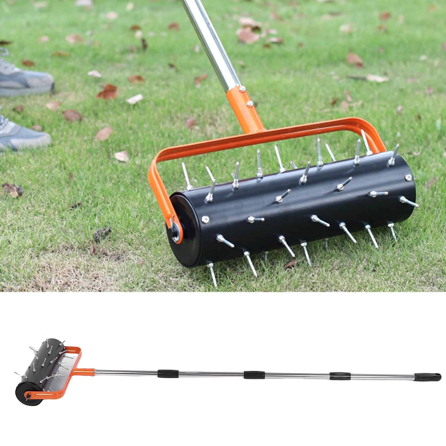 Topiky Aireador de Césped Rodante con 42 Púas Tratadas Térmicamente, Aireador de Púas de Empuje con Ajustable para Compactación del Suelo del Césped, Rodillo de de con Núcleo de Acero Duradero para