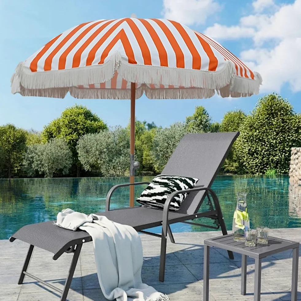 Genérico 220 cm Sombrilla de Exterior a Rayas Naranjas con Borla, Parasol de Playa UPF50+, Sombrilla de Jardín Plegable con Poste de Hierro