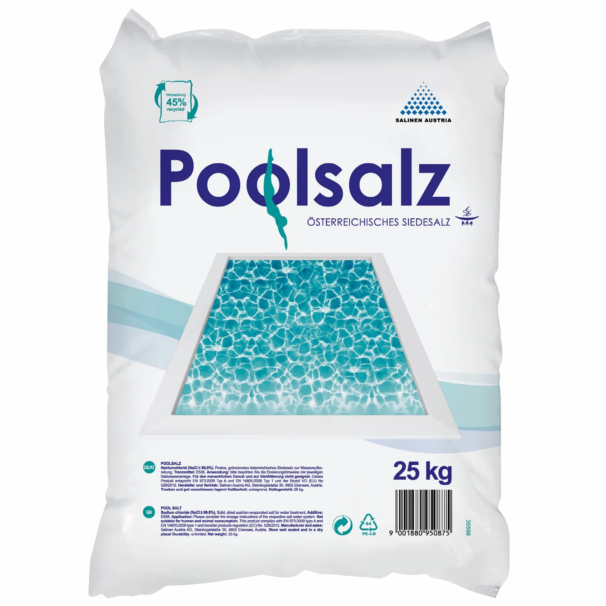 Sal salina de piscina de 25 kg para agua salada y sal hirviendo de alta pureza, 99,9% NaCl, sal soluble rápidamente, adecuada para análisis de electrólisis, sustituto natural