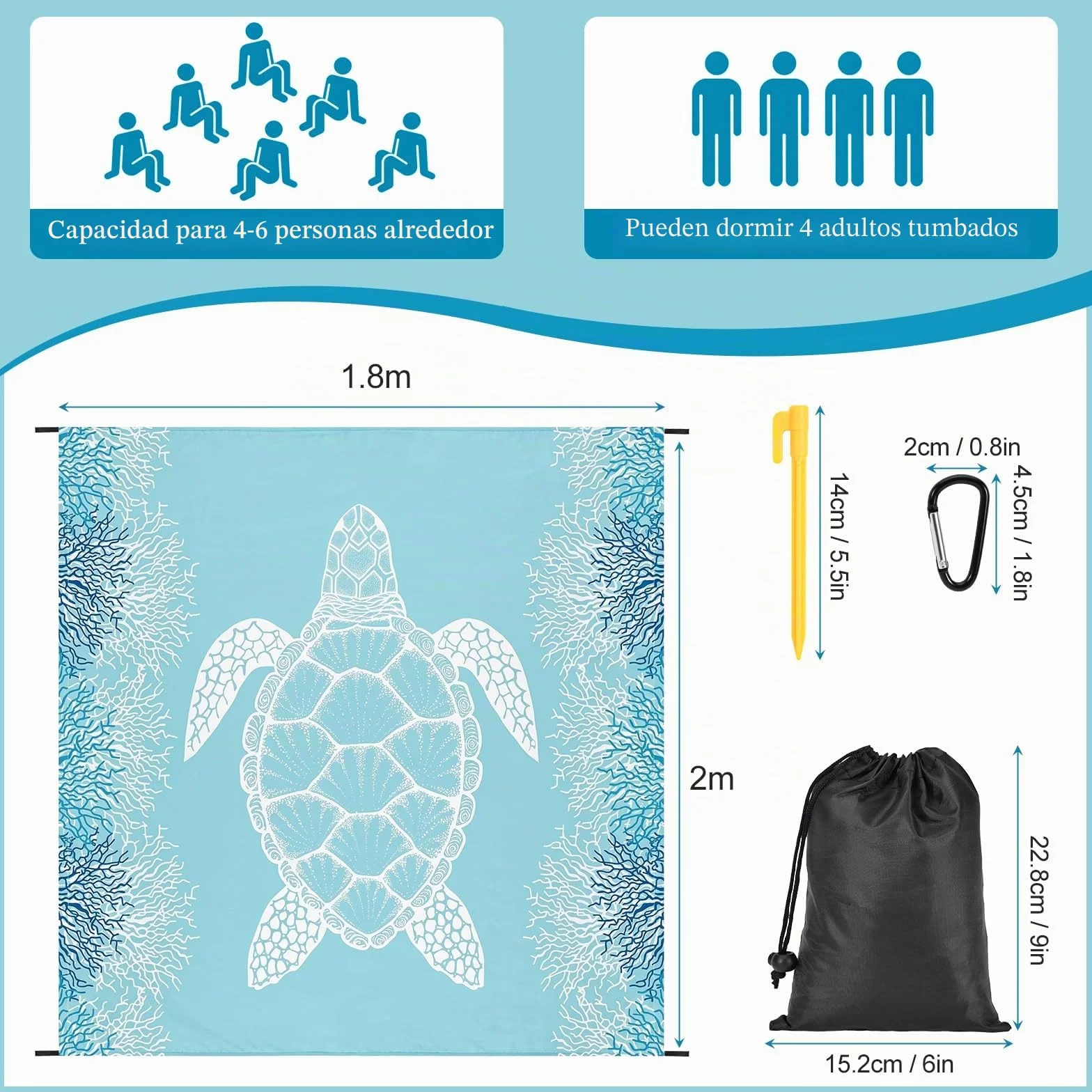 XXL Grande Manta de Playa Impermeable Alfombra de Playa Resistente a la Arena Esterilla de Playa 180x200cm Manta de Pícnic Camping y Playa 4 Estacas Gancho y Bolsa de Almacenamiento Portátil