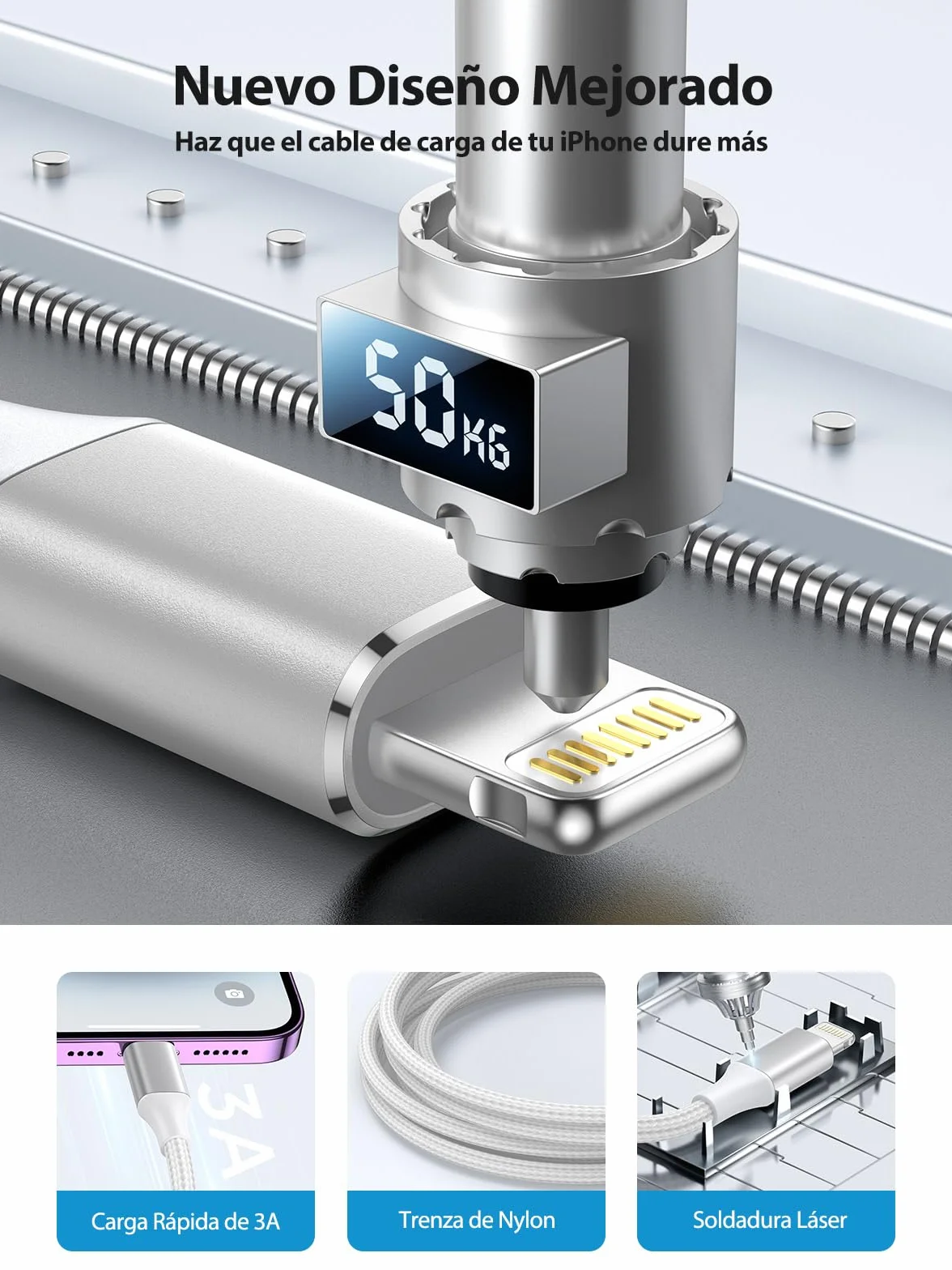 Aioneus Cable Cargador iPhone 2M Carga Rápida Apple MFi Certificado Nylon Trenzado USB Lightning para iPhone 14/13/12/11 Pro Max/XS/8/7/6/5/SE iPad