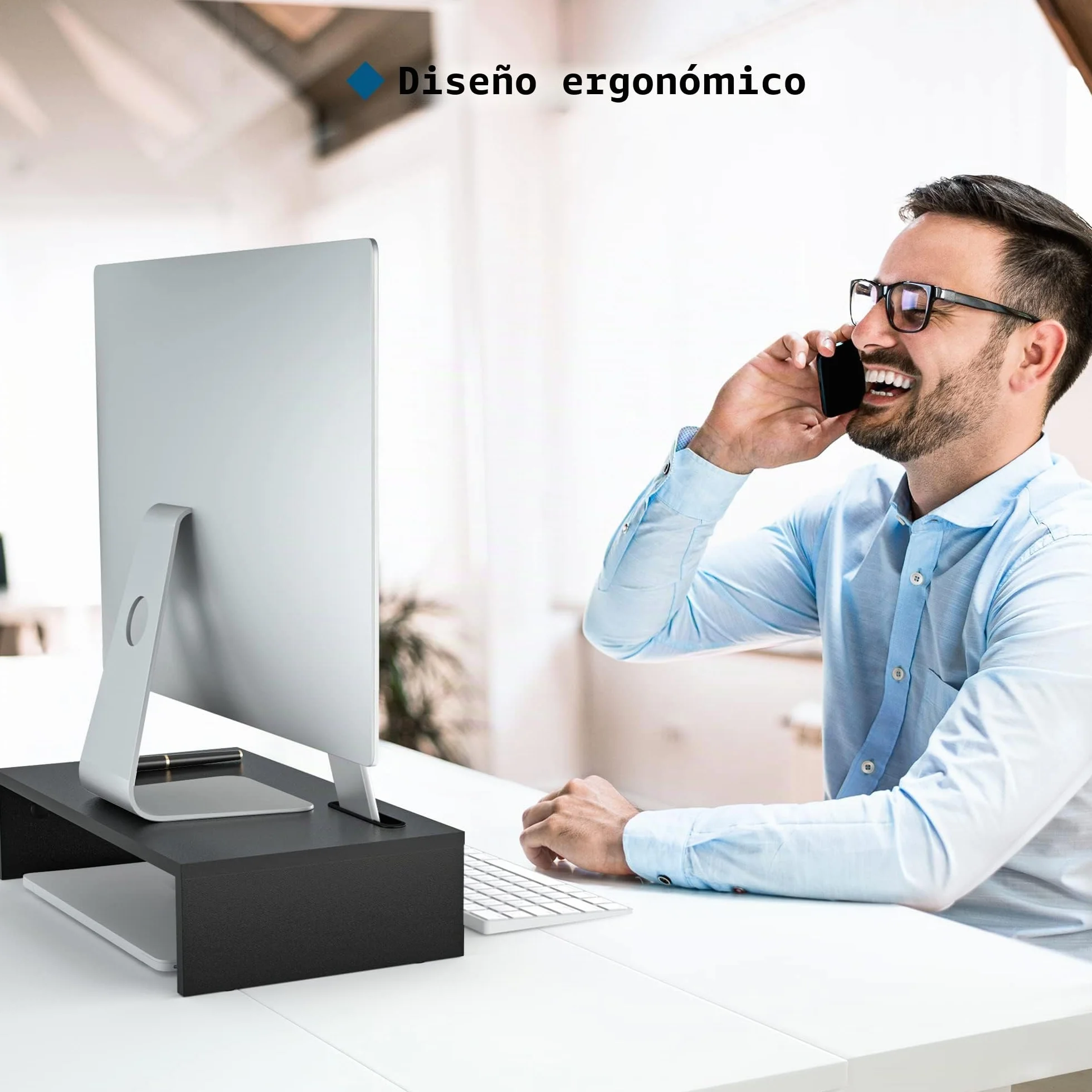 BONTEC Elevador Monitor de Madera, Soporte Monitor 1 Nivel Gestion Cables Ranura Movil Negro 420x235x104mm