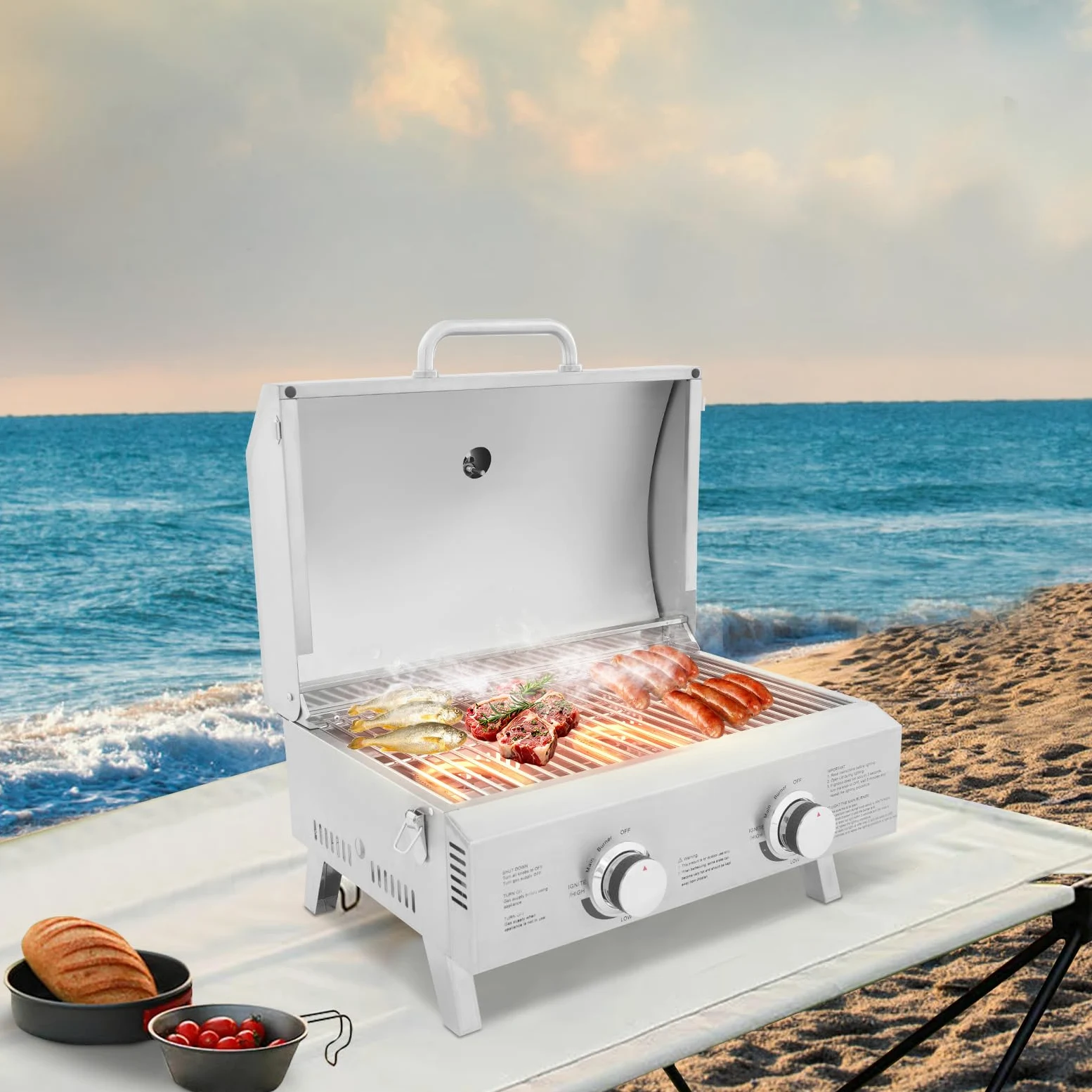 Barbacoa de gas portátil de 2 quemadores, parrilla de gas de mesa con parrilla, parrilla BBQ Barbacoa, parrilla de gas de acero inoxidable, parrilla de camping al aire libre, cocina de gas con