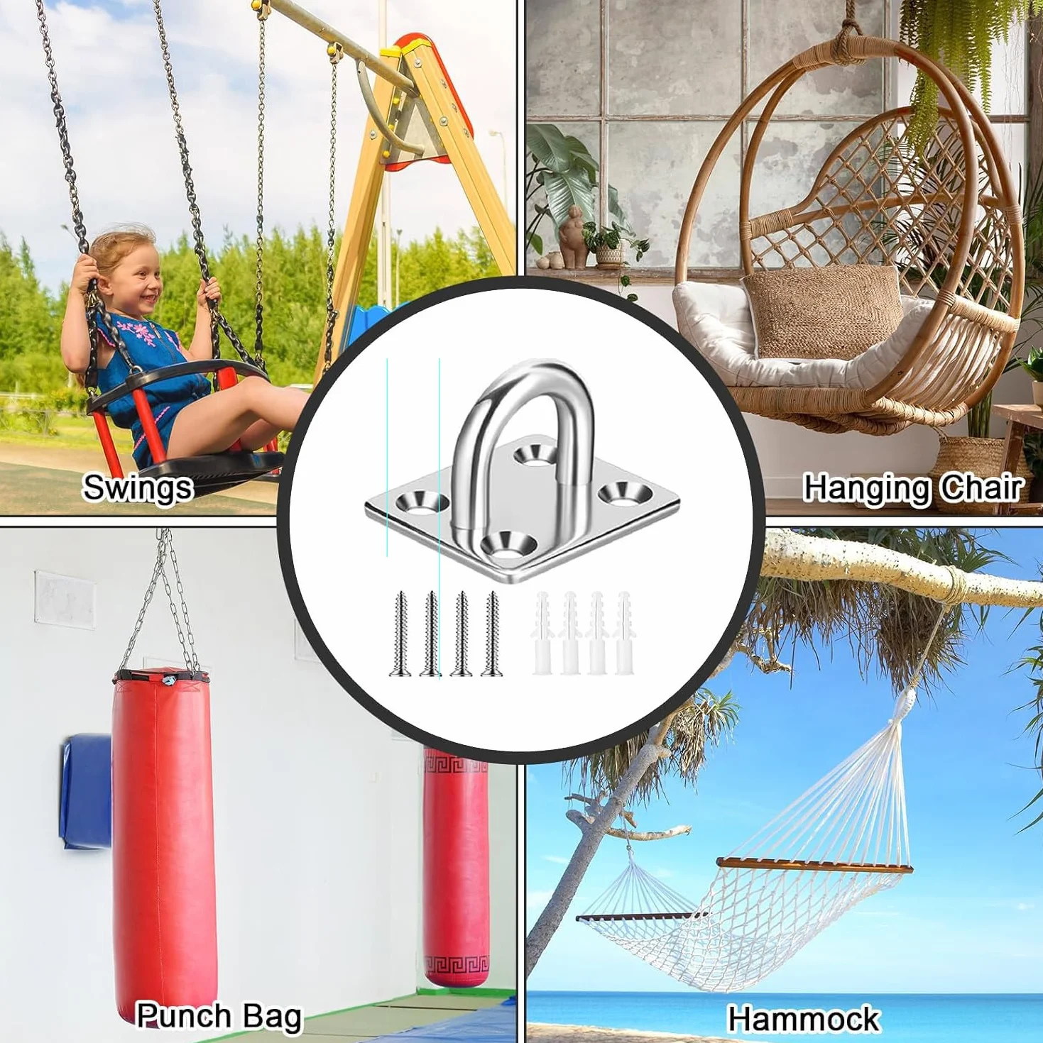Greluma 4 Pzs Gancho de anillo de grapa con placa de ojo de almohadilla resistente con forma U para toldo de vela-Ganchos para hamaca de techo y pared M5 para suspensión columpio-Acero inoxidable 304