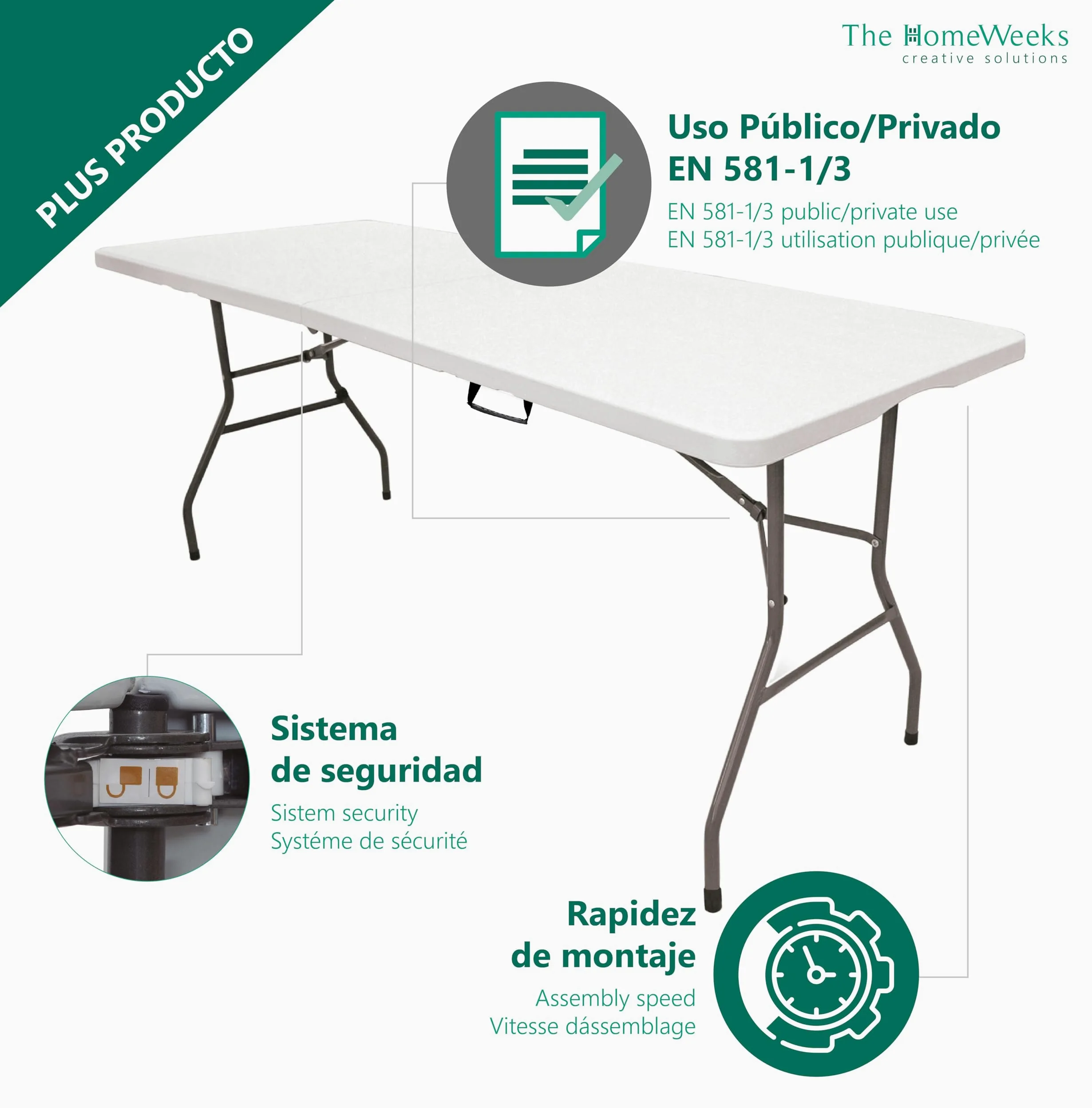 The Homeweeks Mesa Plegable Solid 180cm Portátil | Normativa Uso Público Interior/Exterior | Tablero Resina HDPE 3,5cm | Capacidad 6/8 Personas y Carga 150 kg | Multiuso
