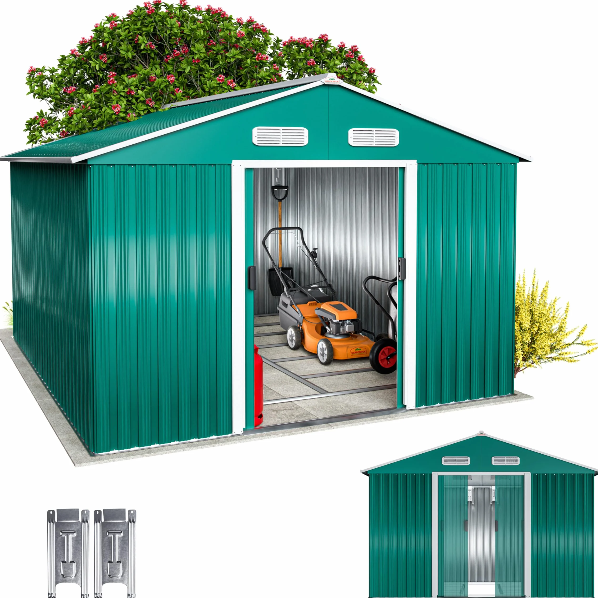GARDEBRUK® Cobertizo de Jardín 8 m² 312x257x178 cm Caseta Metálica Exterior 15m³ con Base Puerta Corrediza Verde