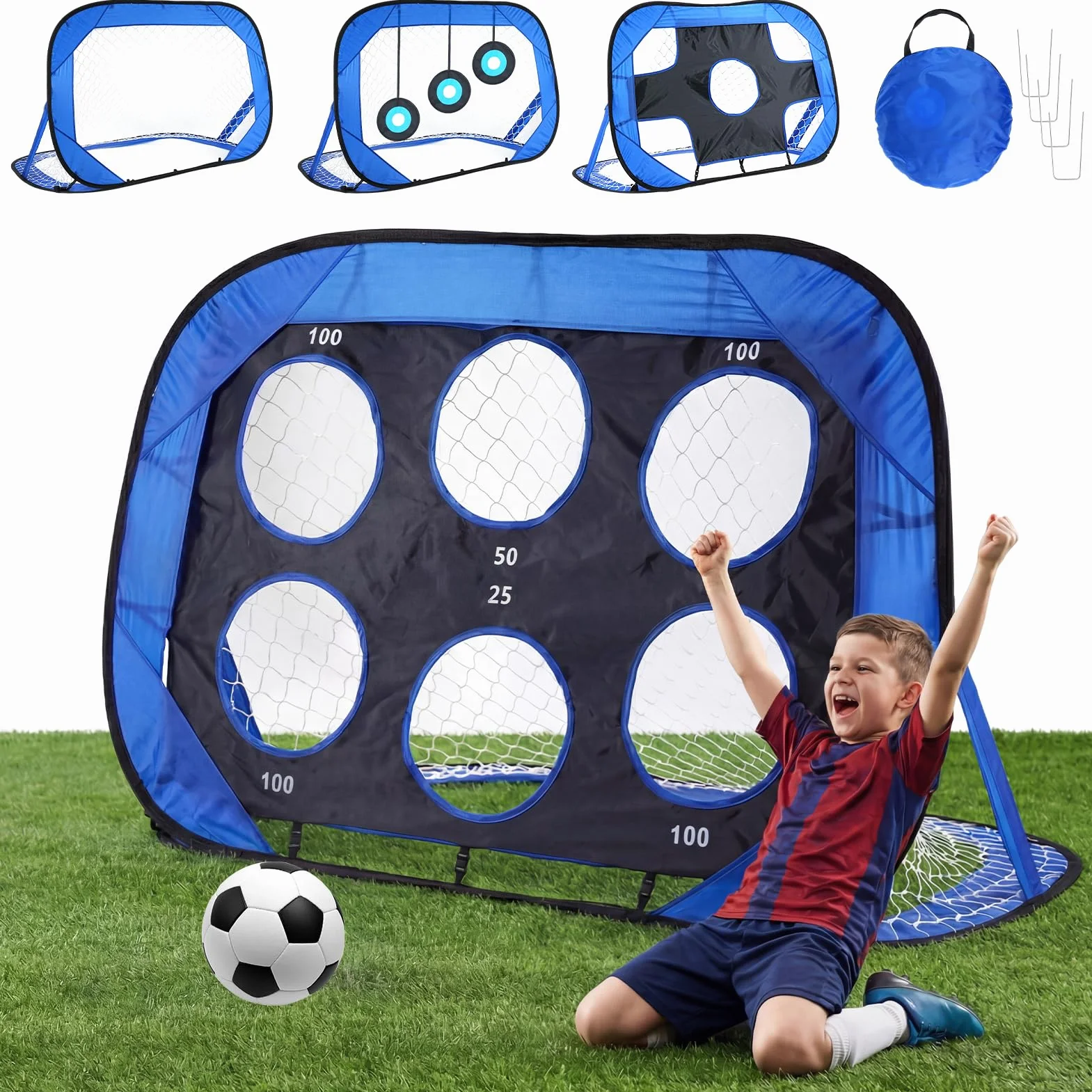 Portería de Fútbol 4 en 1 para Niños 120×80 cm con 2 Redes Intercambiables y 3 Dianas de Entrenamiento Pop Up Plegable