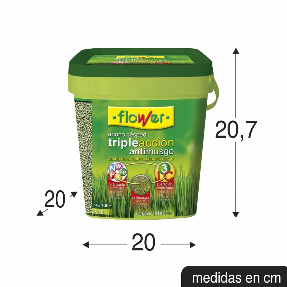 Flower - Abono Césped Triple Acción 4kg | Fertilizante Complejo Anti-Musgo | Efecto Prolongado Más de 3 Meses | Para 100m2, No Aplica Color, 20x20x20.7 cm, Material Abono