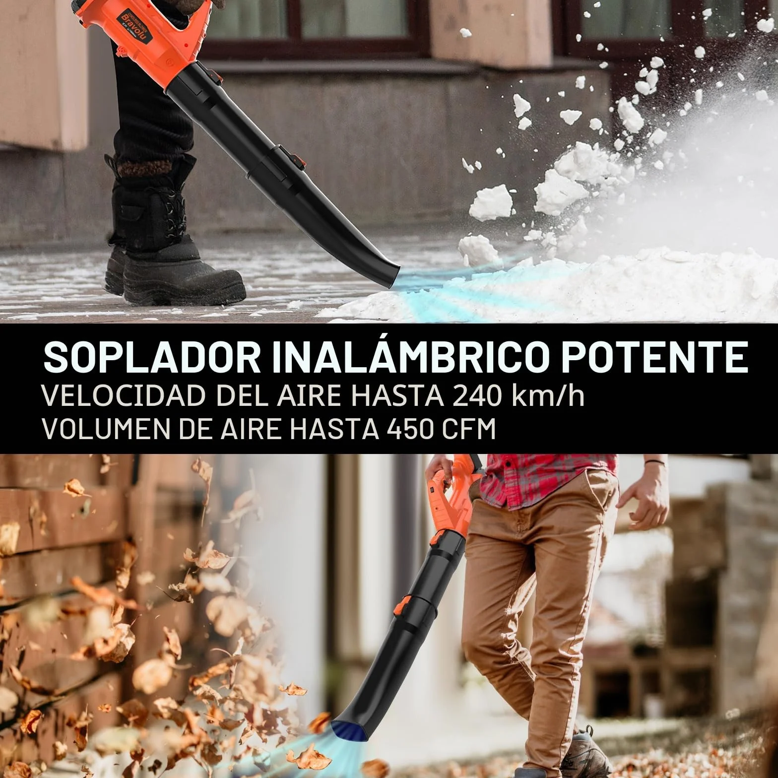 Soplador de Hojas, Bravolu 21V Soplador con Baterías Recargables de 2 X 4,0 Ah y Cargador, Flujo de Aire de 240 km/h, 6 Velocidades Soplador de Hojas Eléctrico