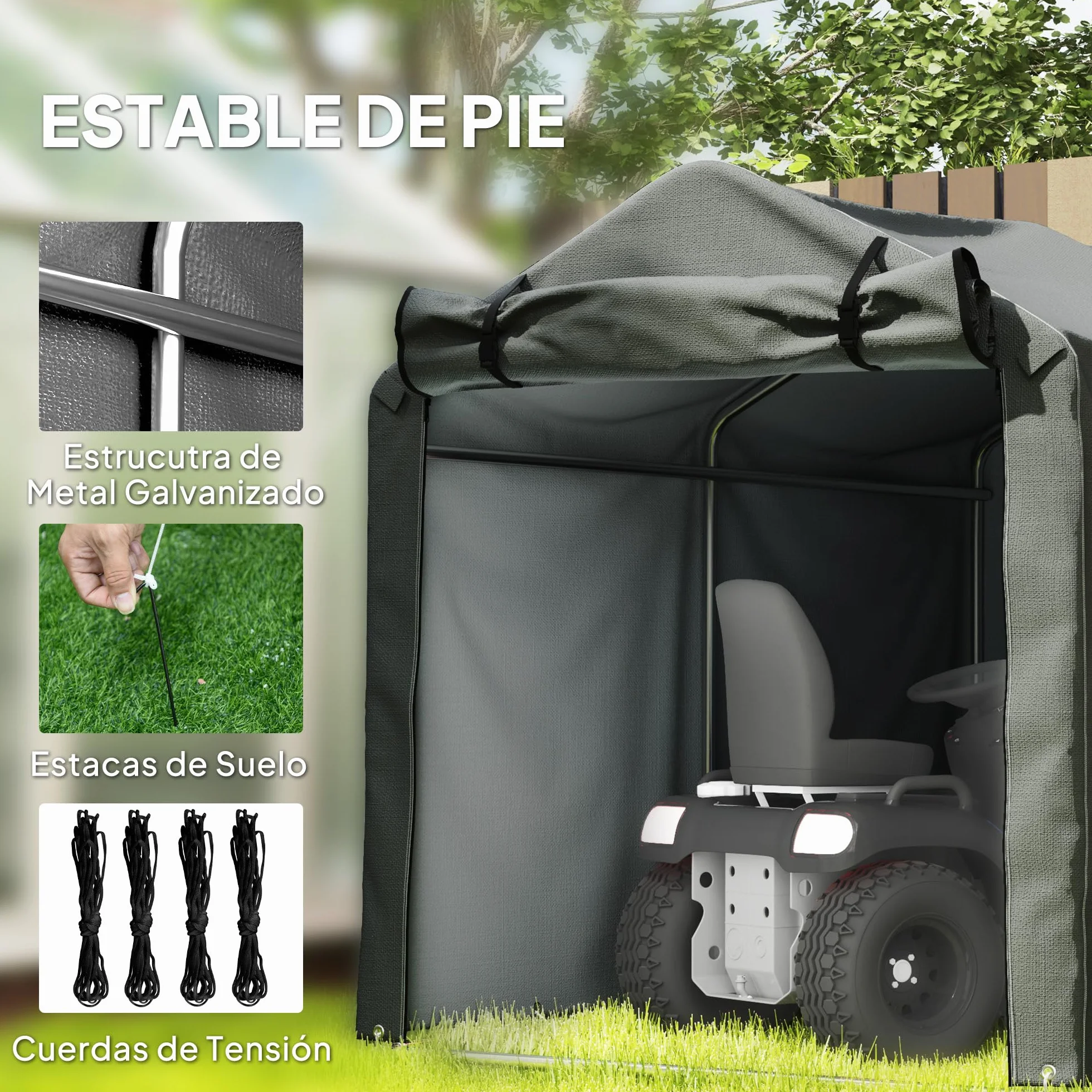 Outsunny Carpa de Jardín Exterior para Herramientas Bicicletas 2,2x1,57x1,65 m, Cobertizo Exterior con Puerta Desmontable con Cremallera, Impermeable, Anti-UV, Garaje Portátil, Gris Oscuro