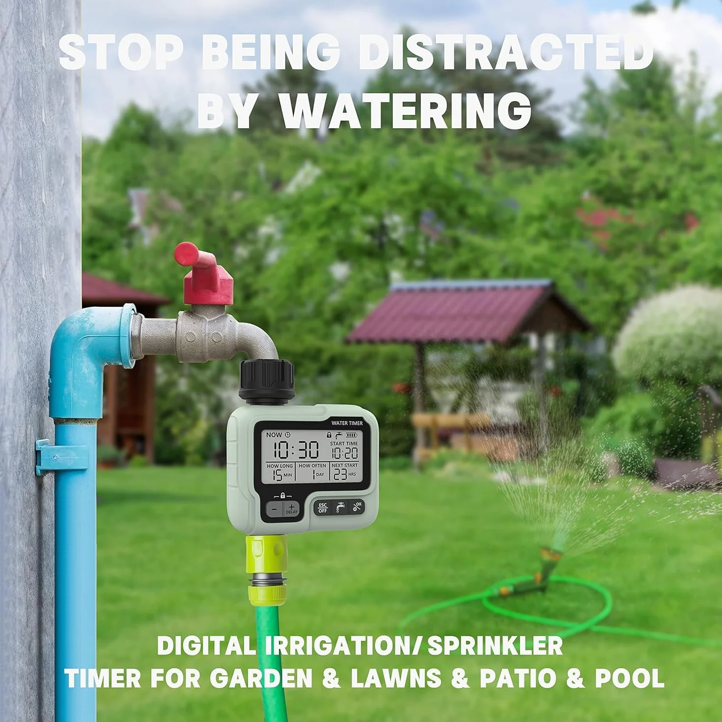 Kazeila Water Timer Programador Riego WiFi,Temporizador Riego Automatico con App, Retraso por Lluvia, WLAN 2.4GHz, Control de Voz Alexa para Jardín Rociadores