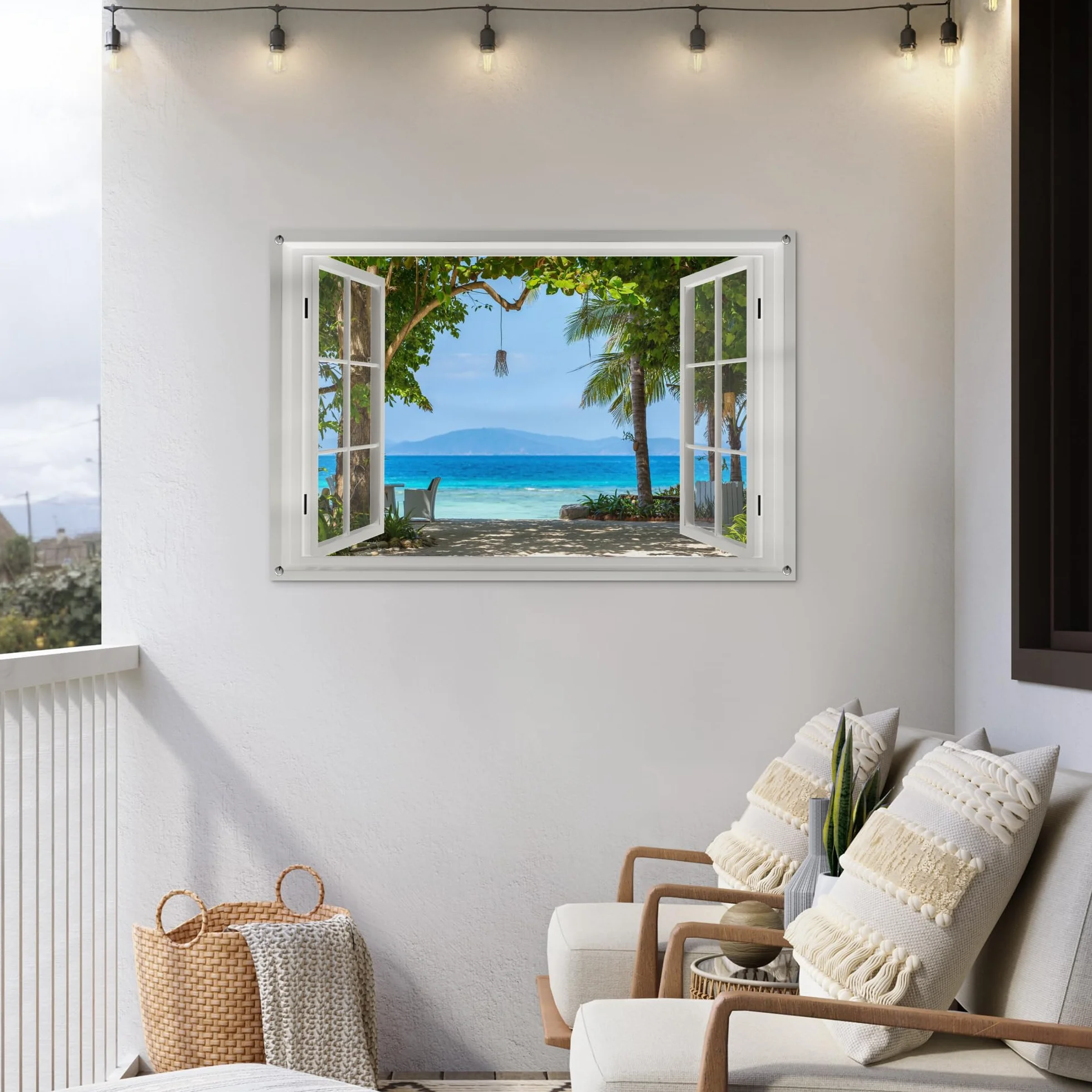 MuchoWow© Póster De Jardín 120x80 cm Terraza Exterior Accesorios Jardin Decoracion Pared Decorativa Balcon Wall Decoration Posters Decorativos Vista - Árbol - Mar - Palmera - Colinas - Playa