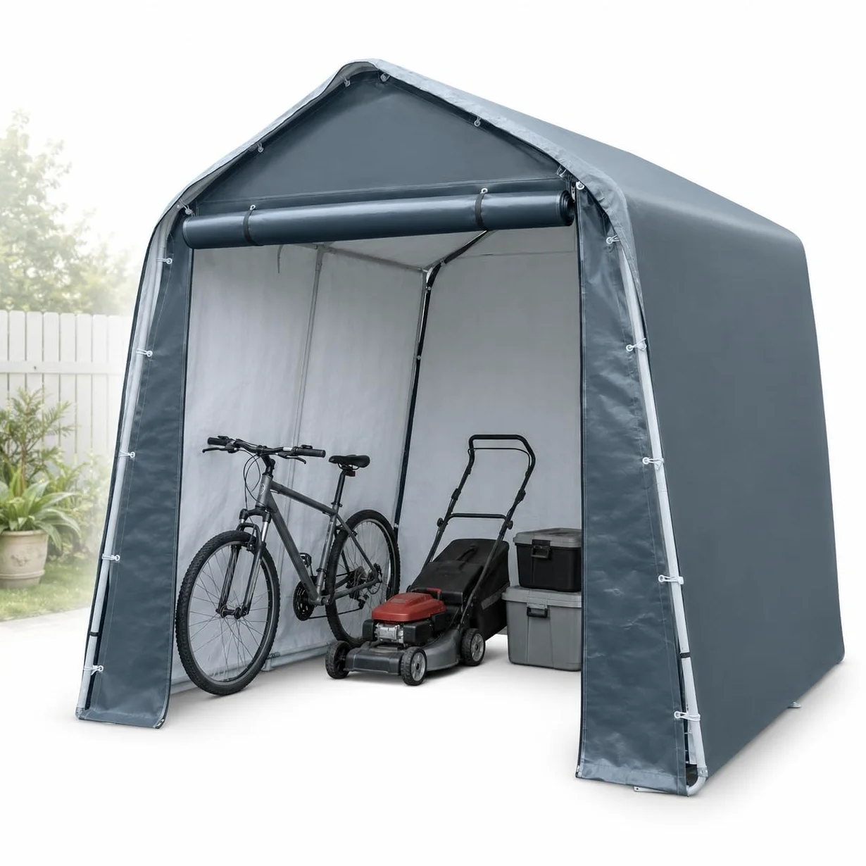 Cobertizo para herramientas, 240 x 240 x 240 cm, resistente al agua y protección UV, lona de polietileno con puerta con cremallera, tienda de almacenamiento para bicicletas, herramientas de jardín y