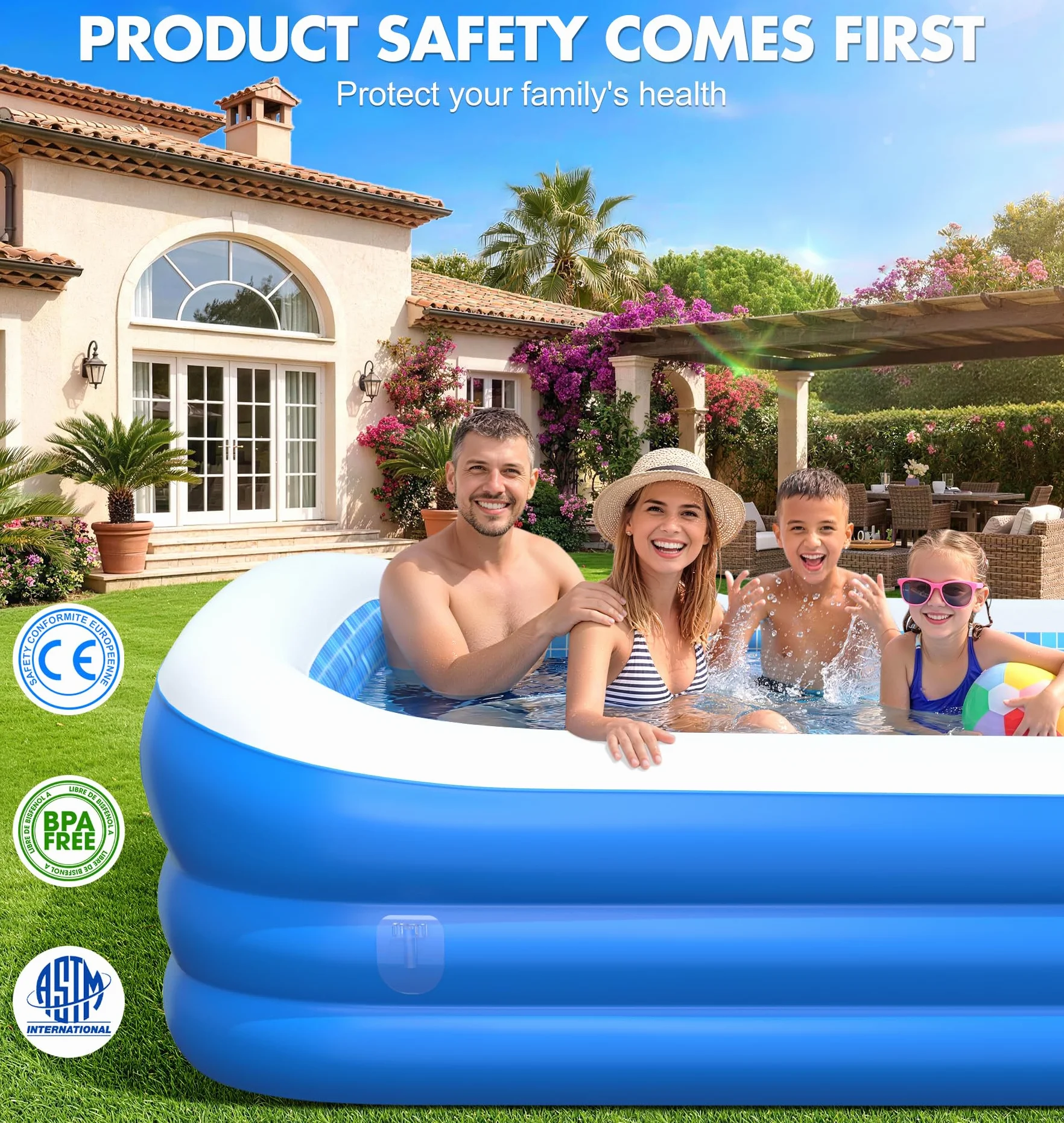 LanOcean Piscina Hinchable Adultos con Sombrilla, 280*160*50cm Piscinas Hinchables Grandes, 0,53mm Rectangular Piscina Hinchable infantil con Asiento y Portavasos, Piscinas Hinchables Familiar Jardin