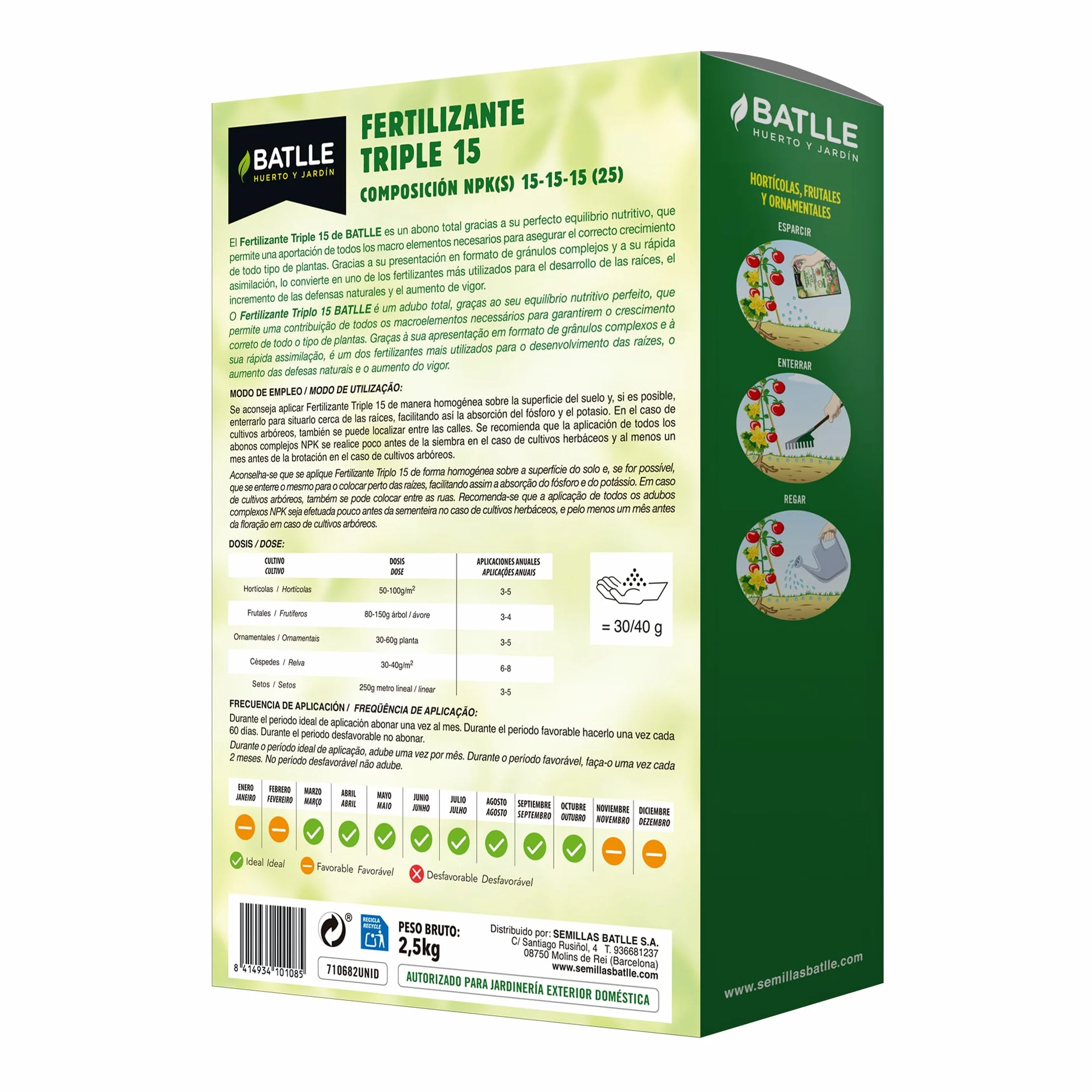 Semillas Batlle Fertilizante Triple 15 NPK 15-15-15 + Mg con Micronutrientes – Abono Granulado Completo 2,5 kg para Huerto, Jardín y Árboles