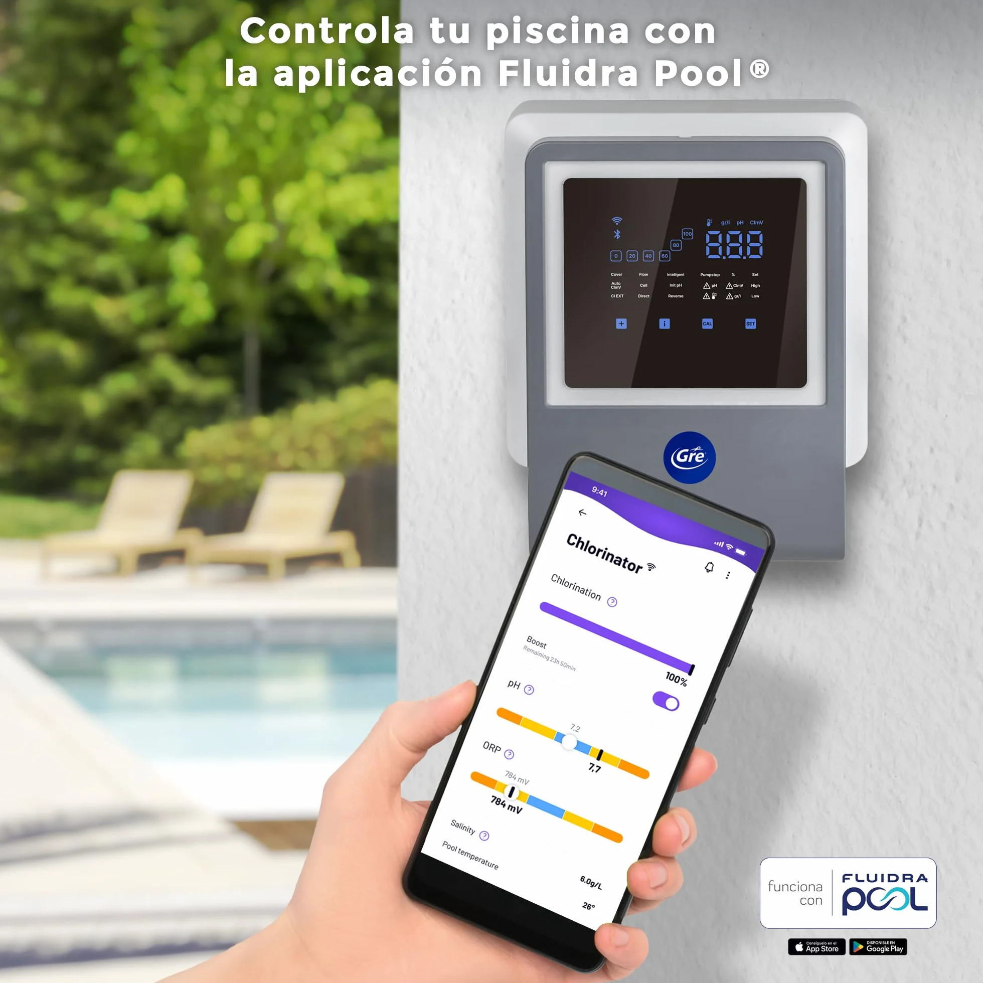 Gre - SWGA40 Clorador Salino Todo en Uno con Controlador de pH y Bomba Peristáltica, Conectado por App, 7 g/h, para Piscinas hasta 40 m³, Electrolisis de Sal Inteligente