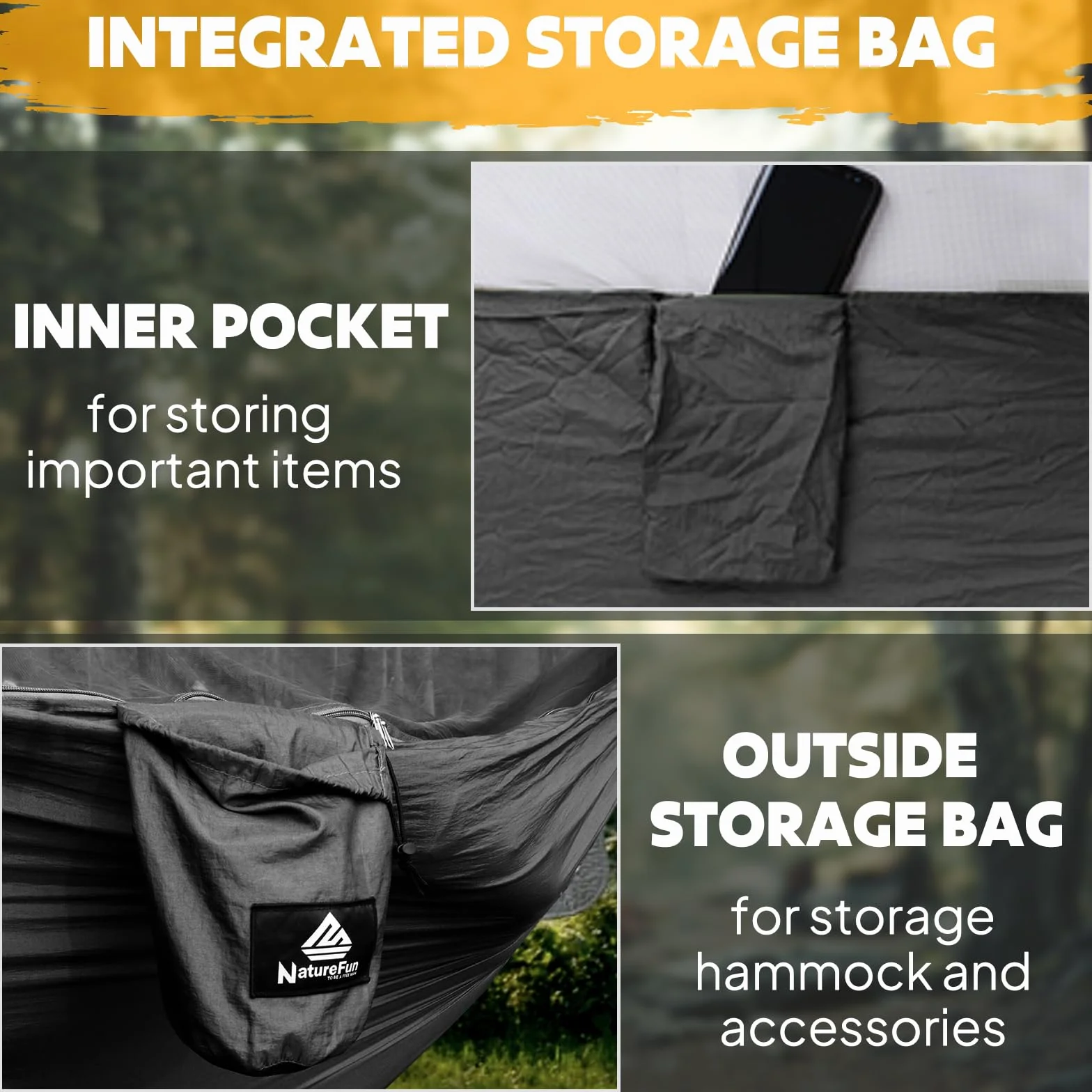 NATUREFUN Hamaca de Camping con mosquitera | 300 kg de Capacidad de Carga, (290 x 140 cm) Nylon paracaídas Transpirable y de Secado rápido | Accesorios completos | Hamaca de Viaje fácil de Montar