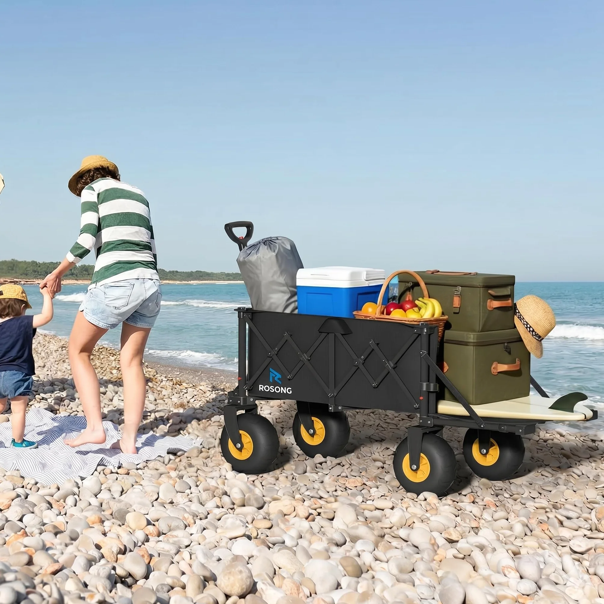 ROSONG Carro Playa Plegable con Ruedas Grandes Todoterreno Carrito Transporte Plegable Puerta Trasera Abatible Carro para Playa Camping Jardín,Negro