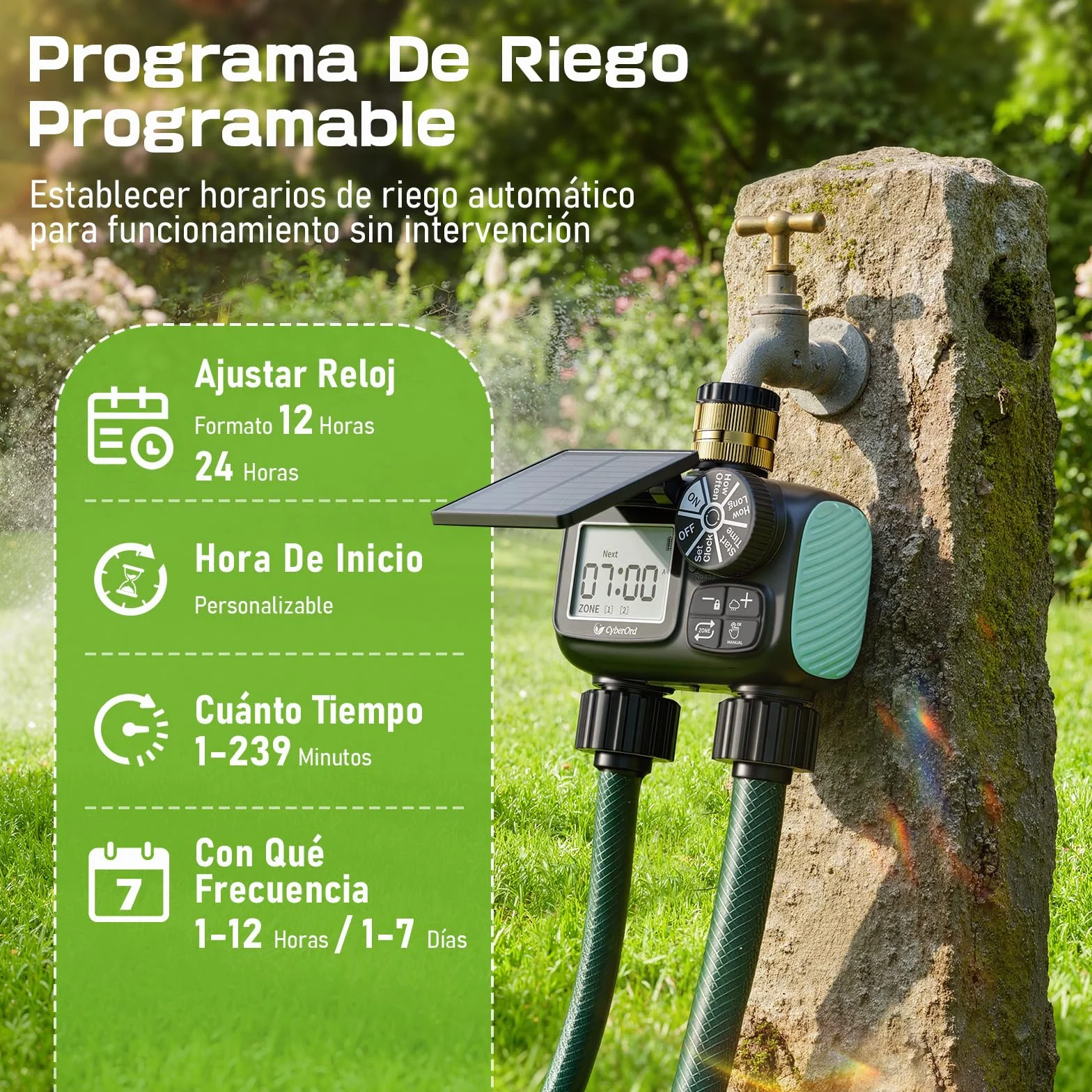 Programador de Riego Solar CyberOrd de 2 Zonas, Temporizador de Riego con Carga Solar, Sistema de Riego Automático con Modos Automático/Manual/Retraso por Lluvia para Césped/Ppatio/Jardín