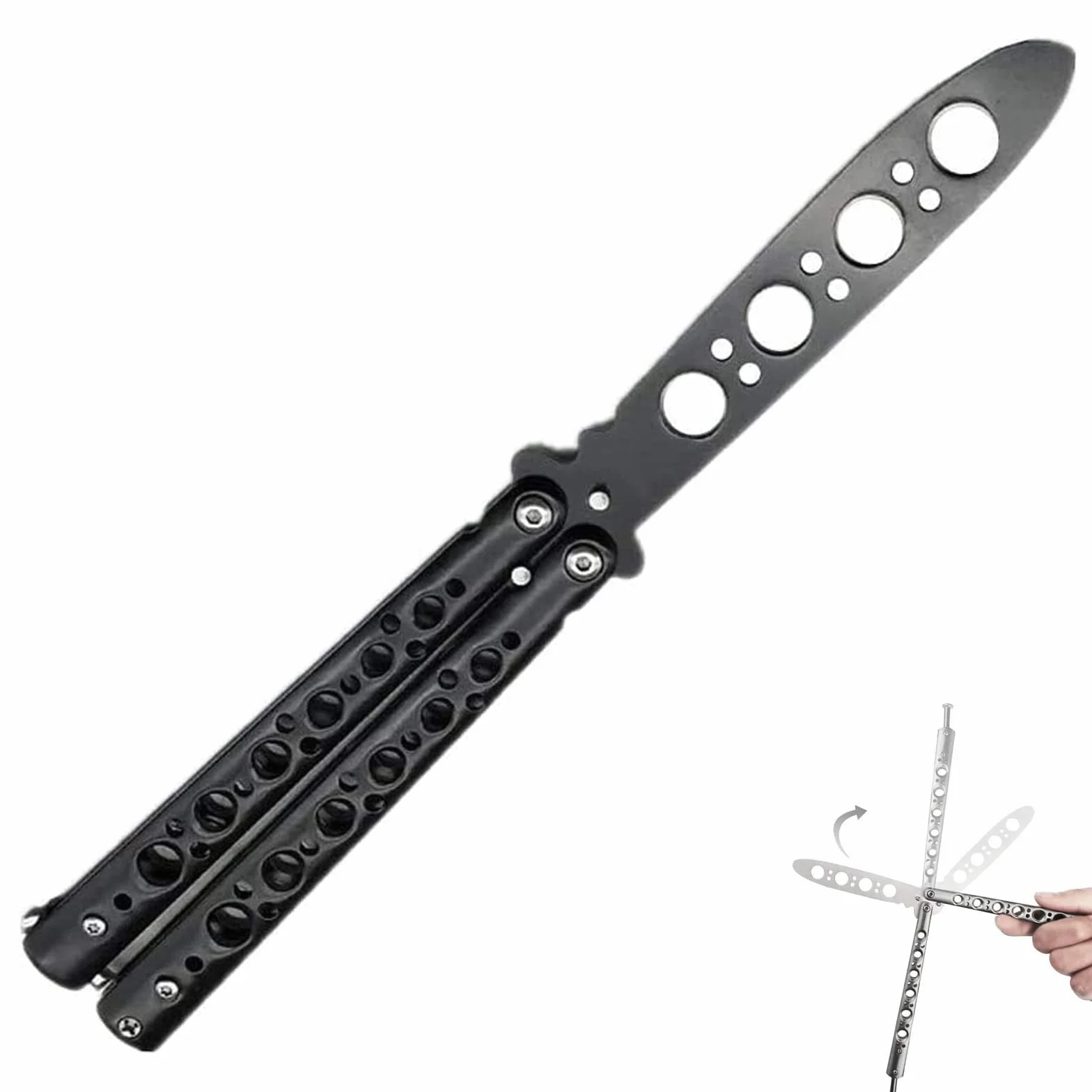 Cuchillo de mariposa de entrenamiento acero inoxidable no afilado (Negro)
