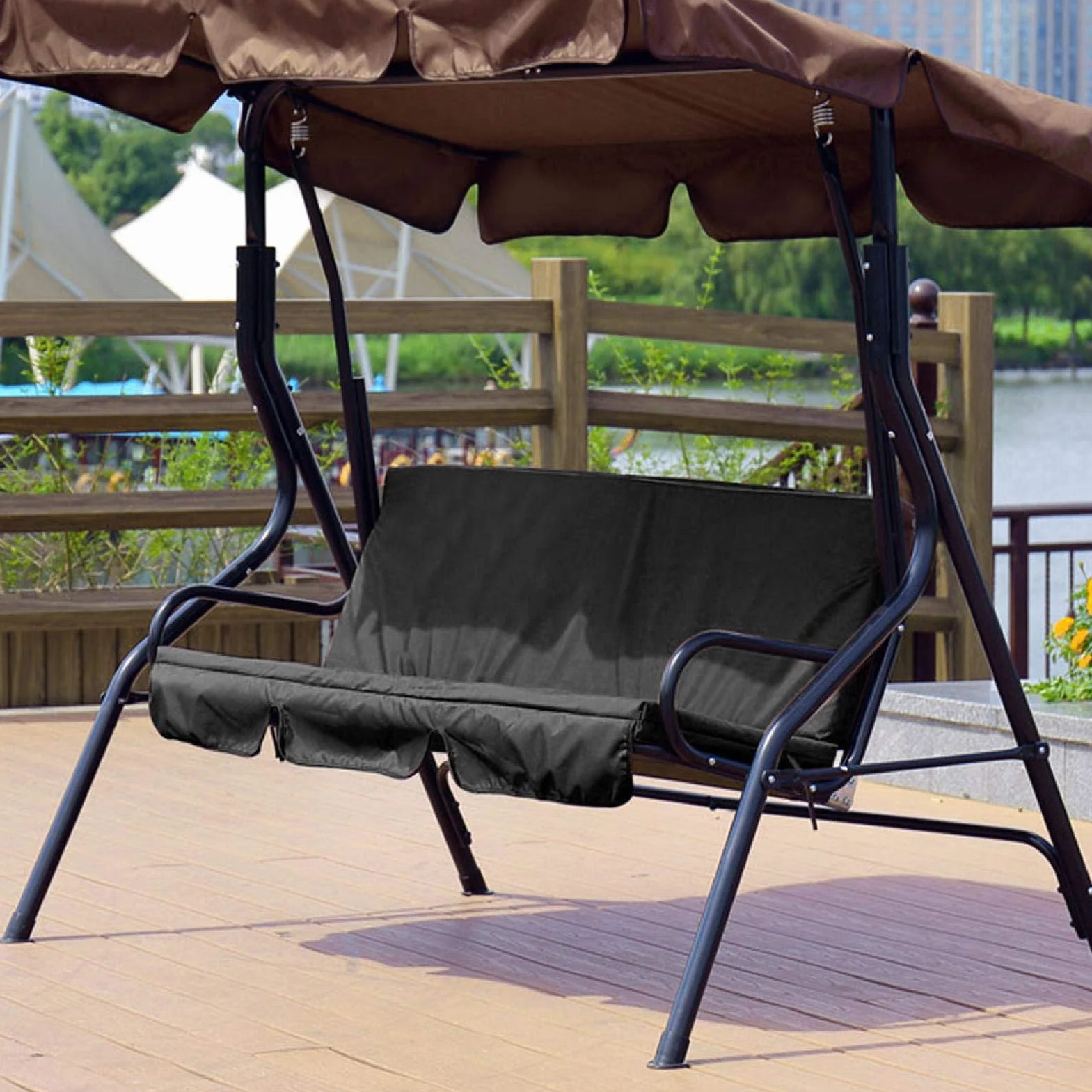 Omabeta Columpio al Aire Libre Silla de 3 Asientos Cojín Impermeable Reemplazo Funda de Asiento de Columpio Cubierta de protección para Silla de Columpio para Patio Exterior para Patio, jardín(Negro)
