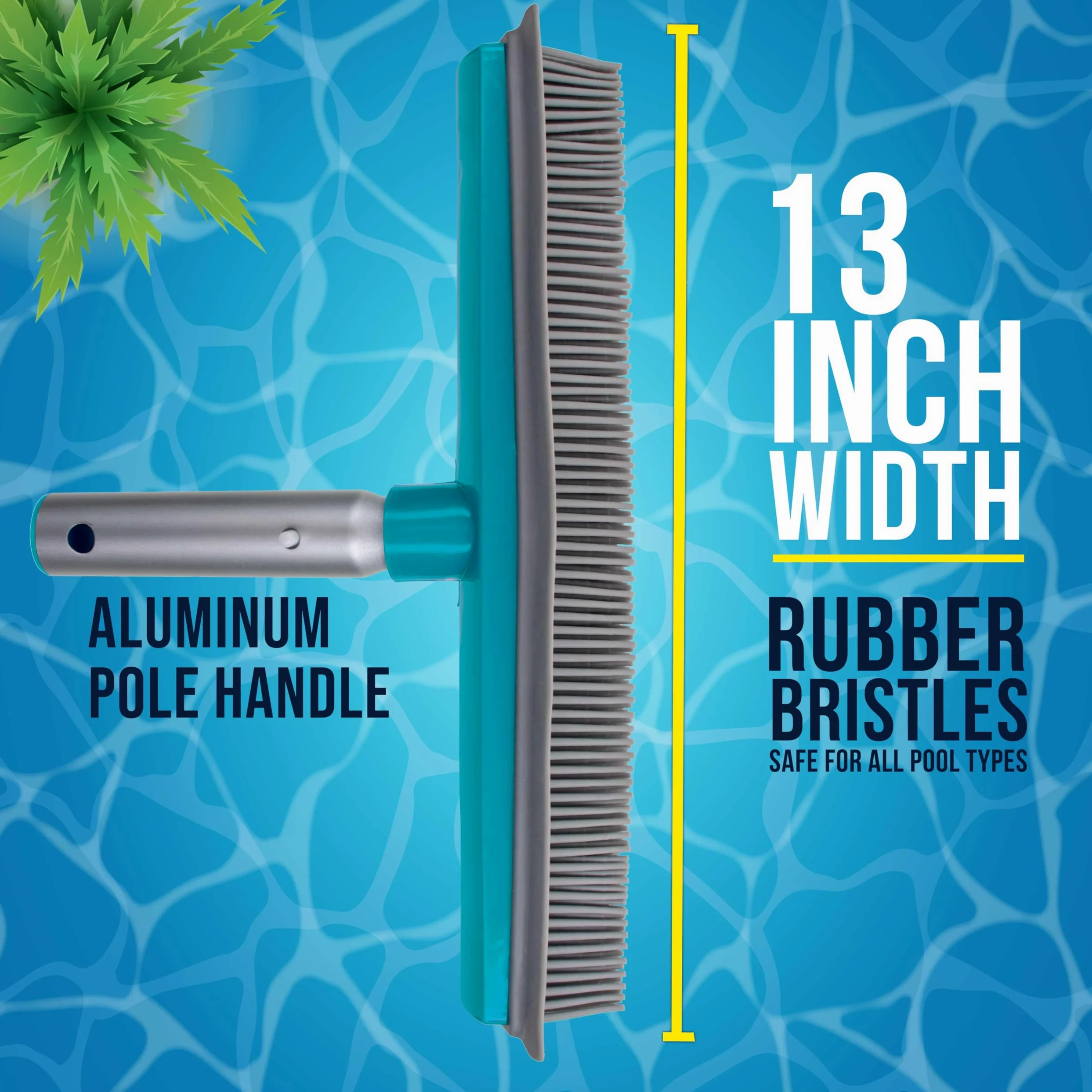 U.S. Pool Supply Cepillo de piscina de 13 pulgadas con cerdas de goma y borde de escobilla de goma, seguro para revestimientos de vinilo, ideal para piscinas sobre el suelo, mango de poste de aluminio