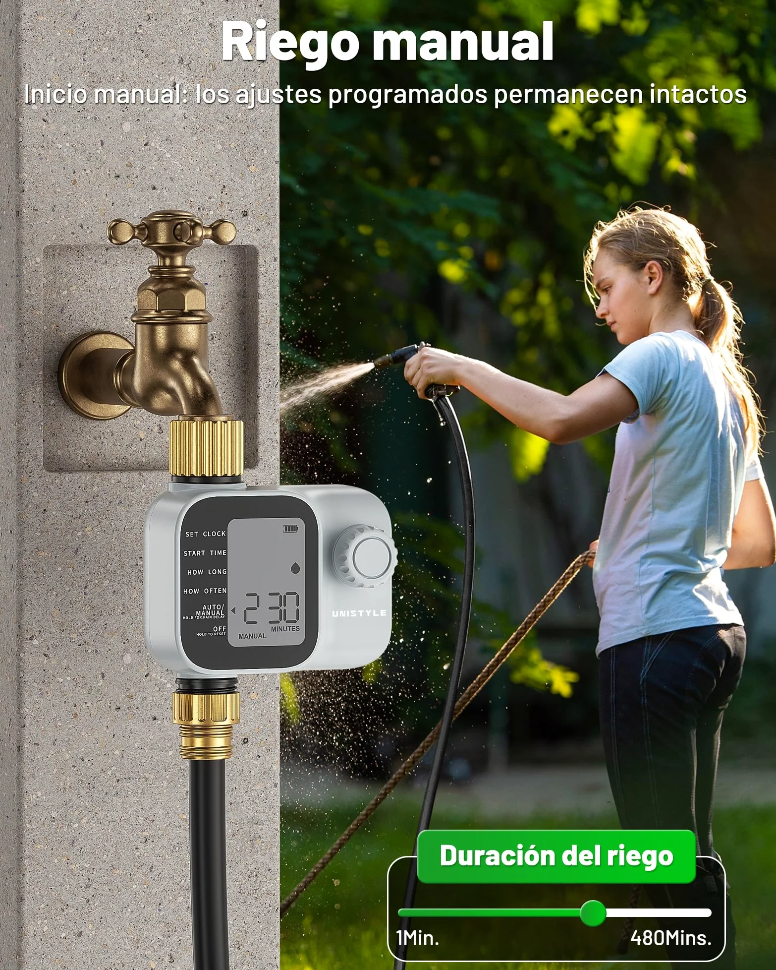 Programador de riego Unistyle | Nueva Edición 2026: Temporizador Riego Automático del Jardín, Manejo Sencillo e Intuitivo, Conexión de Latón de Alta Resistencia, Programas de Riego Flexibles