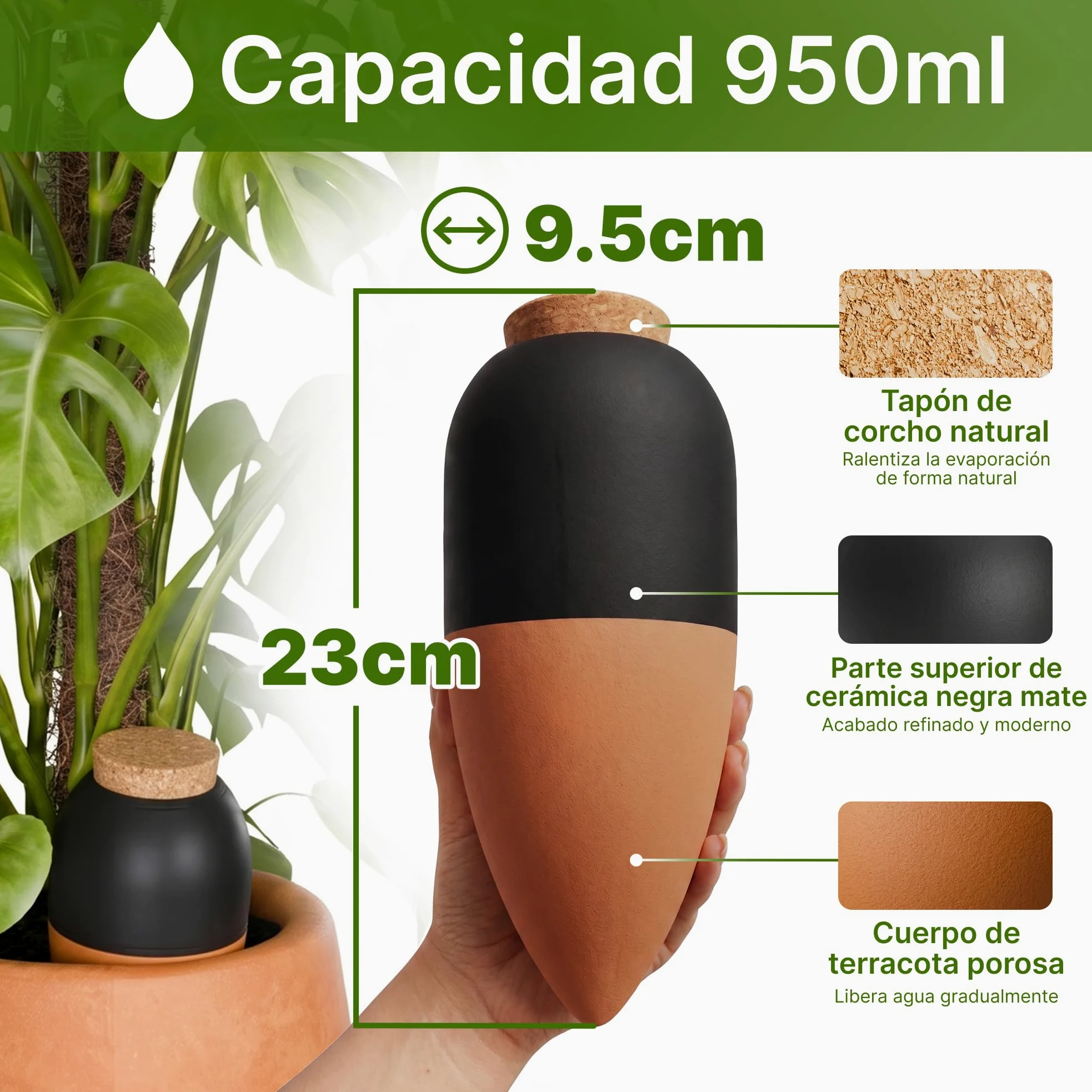 MINISMUS Autoriego Macetas Terracota, Autorriego Plantas Interior, Dispensador Agua, Regar Vacaciones, Cerámica Macetero, 950ml 4 Unidad