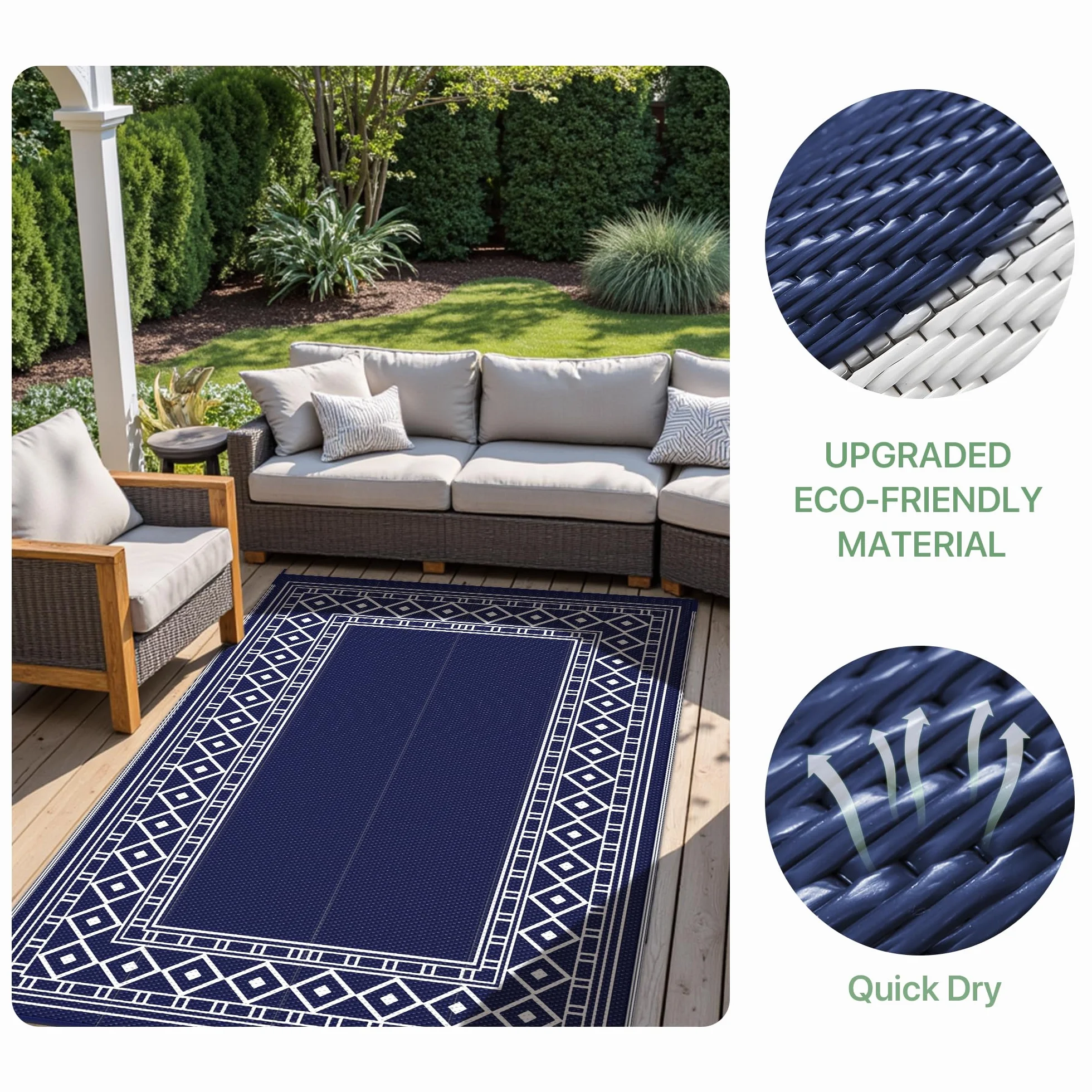 GENIMO Alfombra de exterior impermeable de 9 x 12 pies para patio, plegable, reversible, de pajillas de plástico para remolques de viaje, tapete de exterior para caravana, cubierta, picnic, porche,