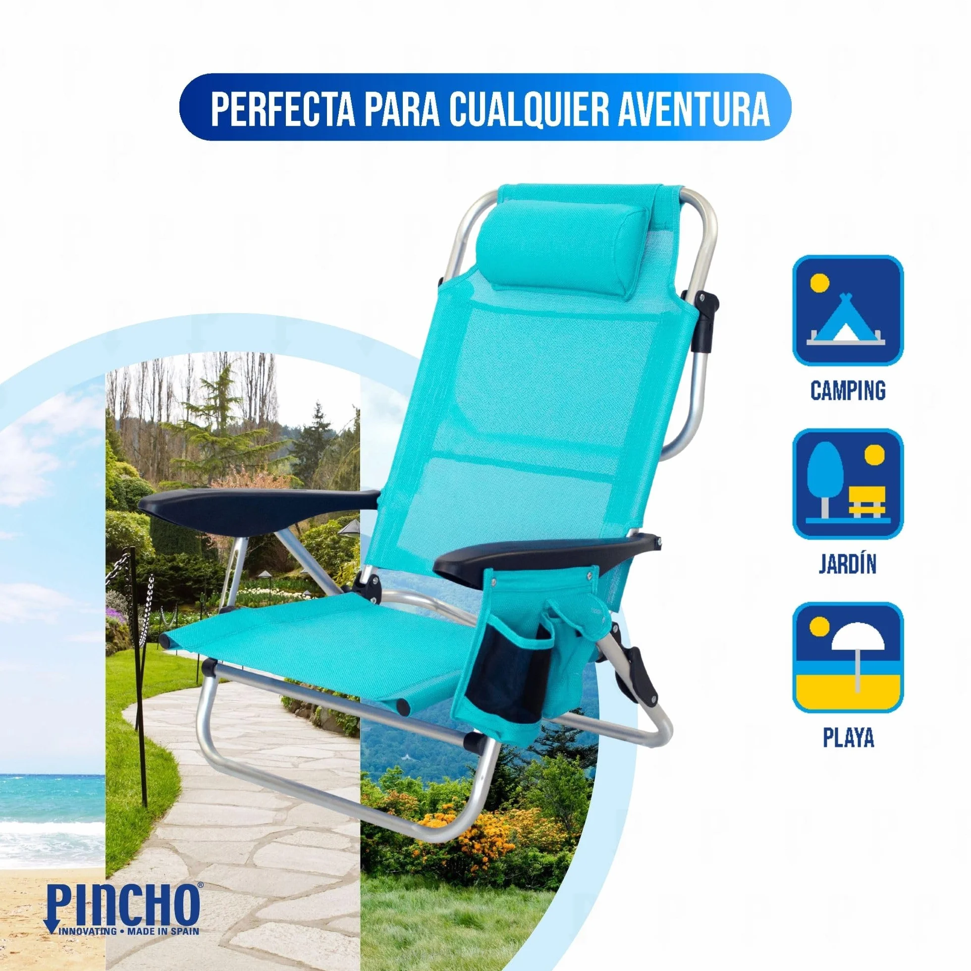 Pincho Silla de Playa Plegable 4 Posiciones Plegable con Cojin Ajustable y Bolsillos Portaobjetos Estructura de Aluminio Tejido Transpirable Resistente hasta 110 kg