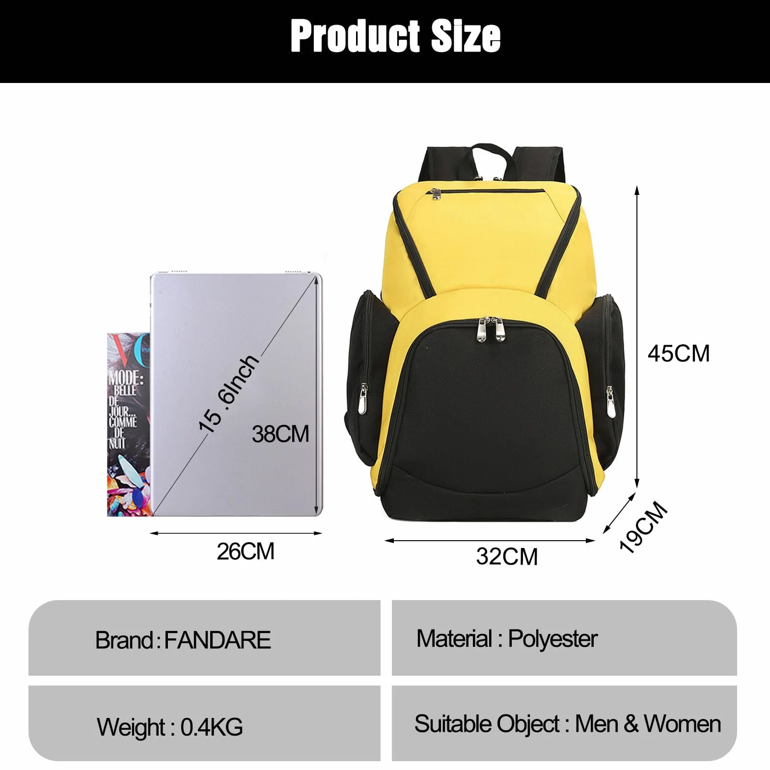 FANDARE Mochila de Baloncesto Bolsos Bandolera para Zapatos Escolares Deporte Amarillo Negro