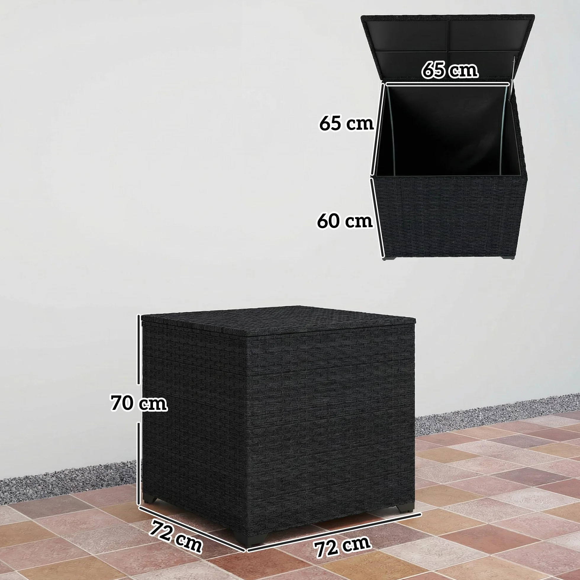 Outsunny Baúl de Almacenaje Exterior de Ratán Sintético de 253L, Arcón Exterior con Varilla Hidráulica, Forro con Cremallera y Marco de Acero, Carga 50 kg, para Jardín, Terraza, 72x72x70 cm, Negro