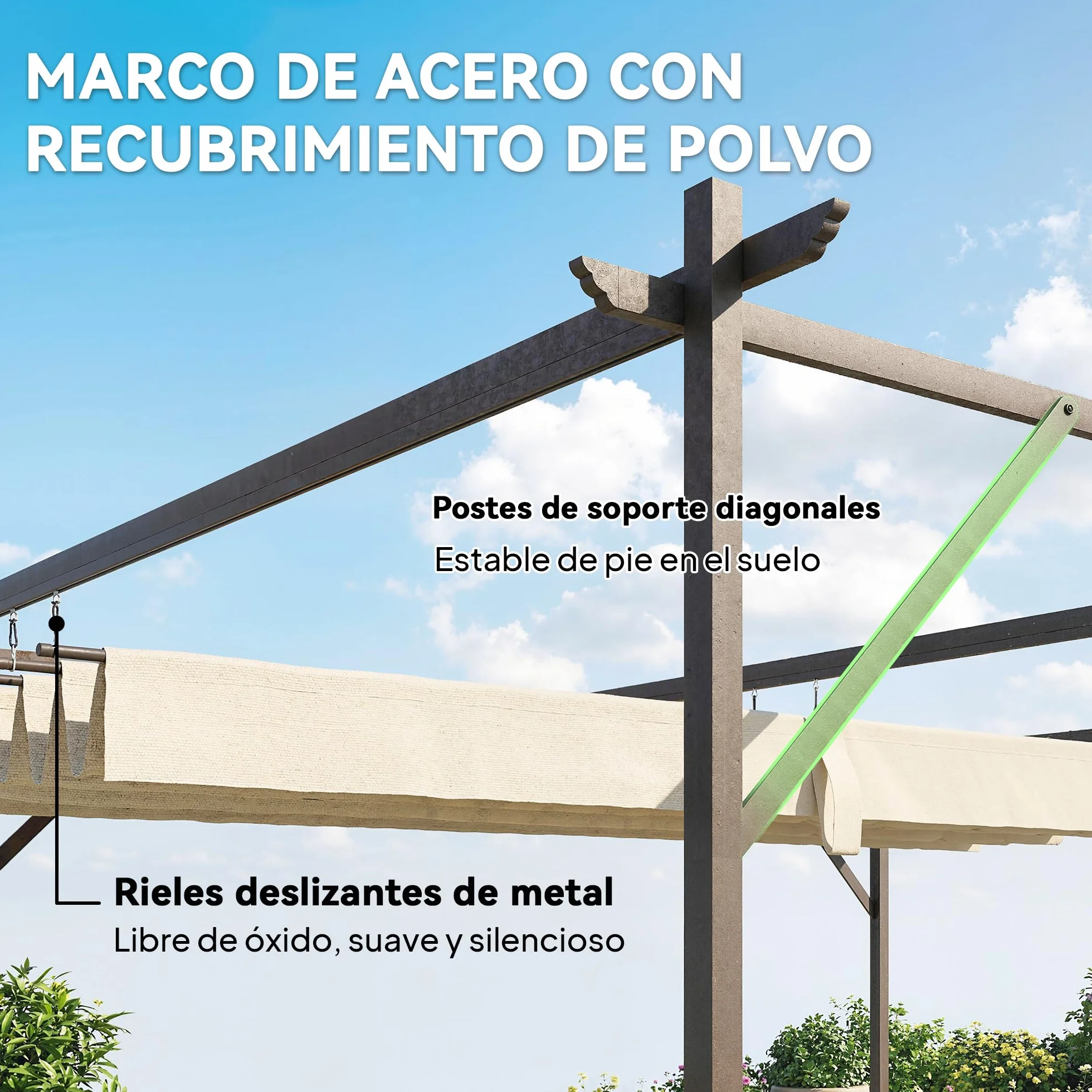 Outsunny Pérgola de Pared de Jardín 3x3 m, Cenador de Jardín con Techo Retráctil, Protección UPF30+, Orificios de Drenaje y Estructura Metálica, Pabellón para Patio, Terraza, Exterior, Blanco Crema