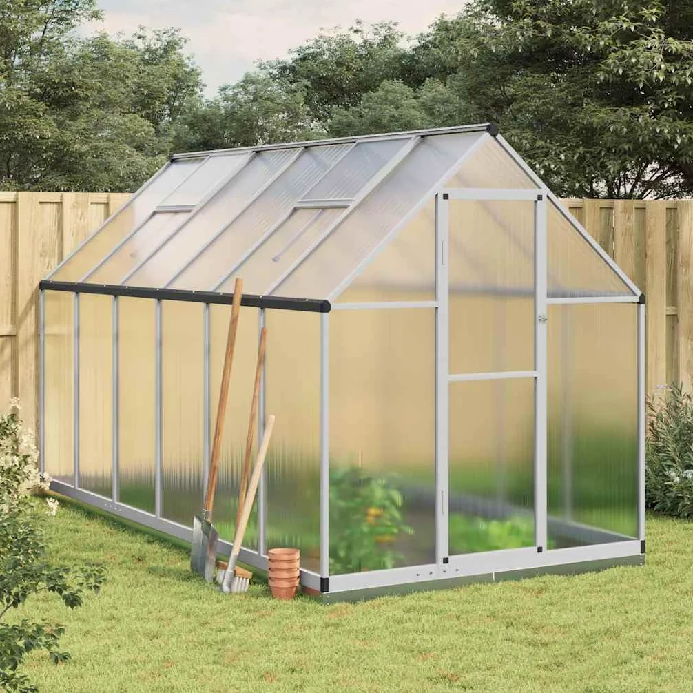 Invernadero con marco de cimentación, color plata, 334 x 169 x 202 cm, aluminio, placas de policarbonato de 4 mm, 5,64 m² de superficie de cultivo, ventana de ventilación, para tomates o