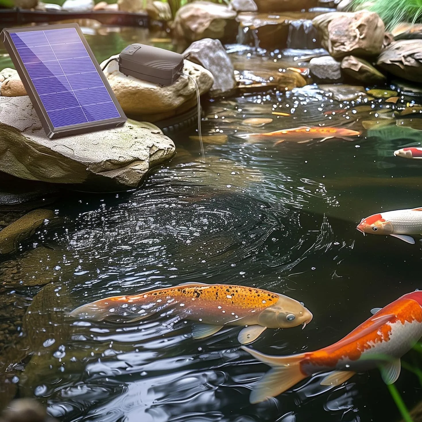 Biling Bomba de Oxígeno para Estanque Solar, 4W Bomba de Oxígeno con 2200mAh akk, Bomba de Oxígeno para Estanque, 3 Modos, 2 Piedras de Aire para Estanque de Jardín, Pesca, Hidropónica