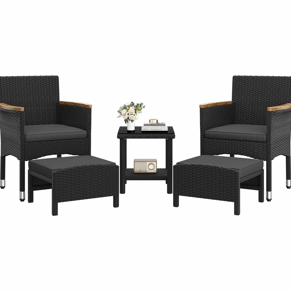 Yaheetech Conjunto de Muebles Ratán de Jardín 5 Piezas con Cojines, 2 Sillones 2 Otomanas y 1 Mesa de Café para Patio, Piscina y Trasero, Color Negro/GIRS Negro/GIRS
