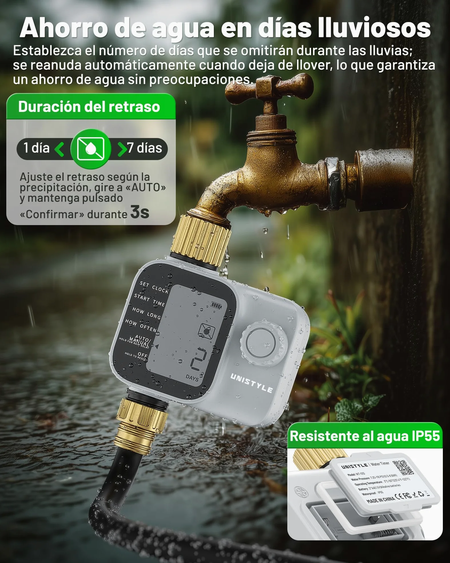 Programador de riego Unistyle | Nueva Edición 2026: Temporizador Riego Automático del Jardín, Manejo Sencillo e Intuitivo, Conexión de Latón de Alta Resistencia, Programas de Riego Flexibles