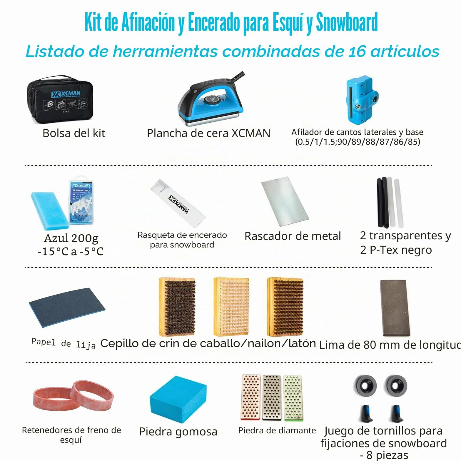 XCMAN Kit Completo Afilado Encerado Esquí Snowboard Plancha Cera Afilador Borde Lateral Reparación Base Ptex Piedra Goma Diamante