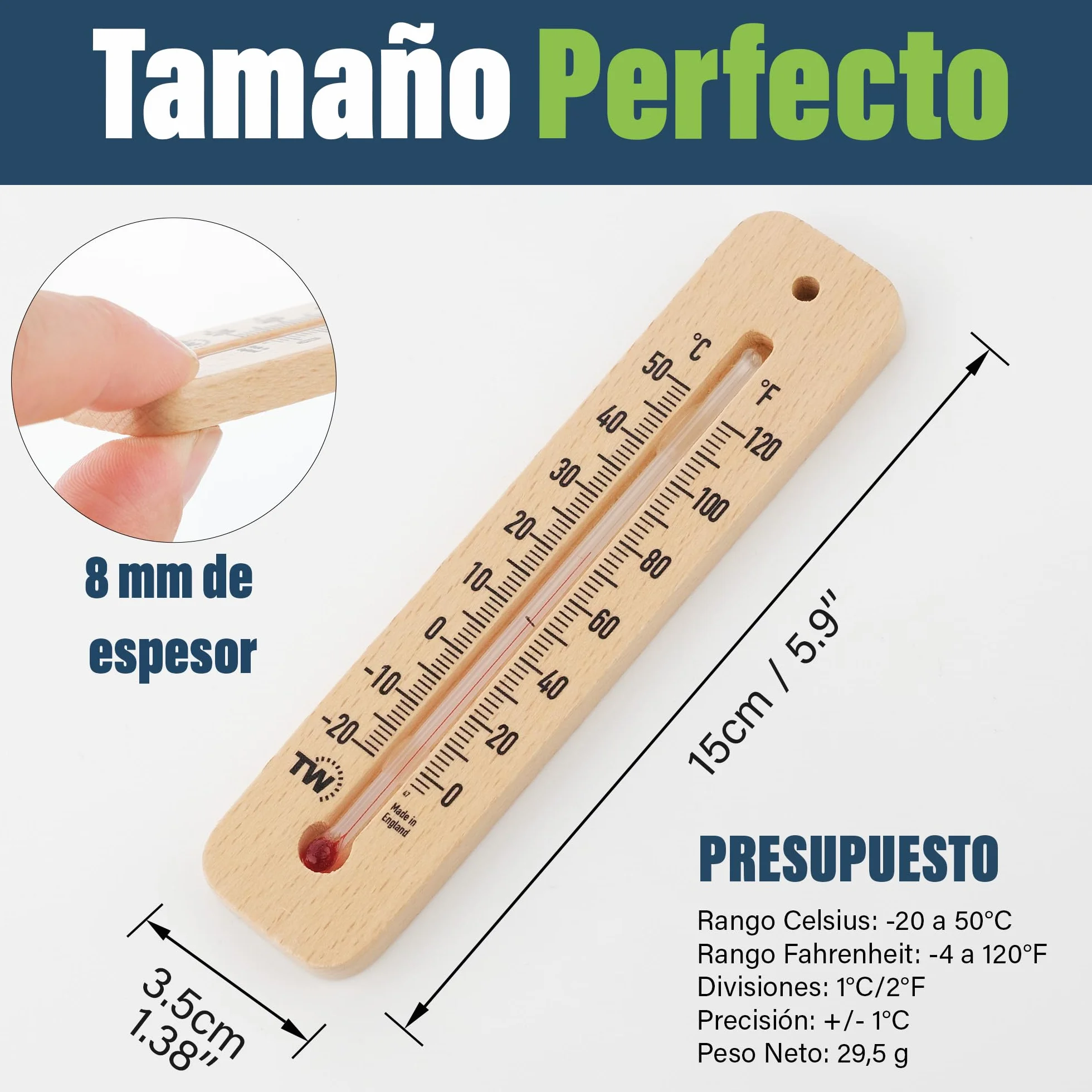 Termómetro Tradicional de Madera para Medir la Temperatura Ambiente, Ideal para Hogar, Oficina, Jardín, Invernadero o Garaje