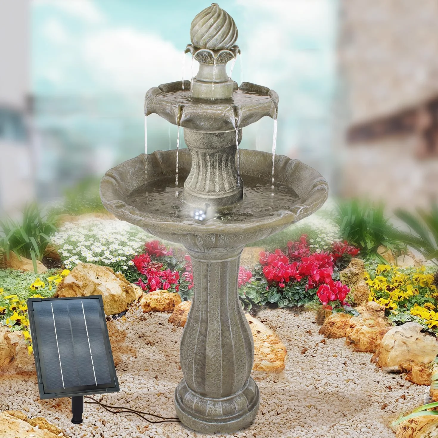 Fuente de agua solar para jardín, exterior, baño de pájaros, ideal para balcón, terraza y jardín, hermoso arte para tu medio ambiente, fuente decorativa al aire libre