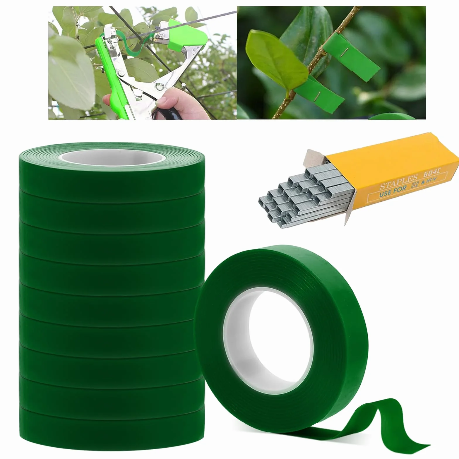 TOGETDREAM 10 Rollos de Cinta Jardín y 10000pcs Grapas para Uvas, Herramienta de Cinta de Jardín para Atar Ramas de Plantas, Paquete Maquina para Atar, Atadora de Tomates, Herramientas Jardineria