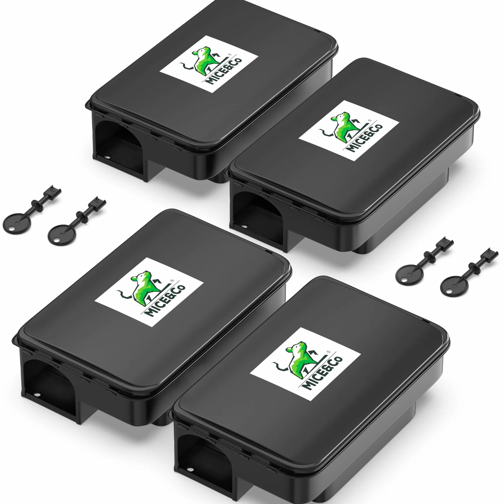 Mice&Co Trampas para Ratas y Ratones Profesionales - Caja Portacebos para Ratas y Ratones | Estación de Cebo Veneno Interior y Exterior | Pack 4 Unidades