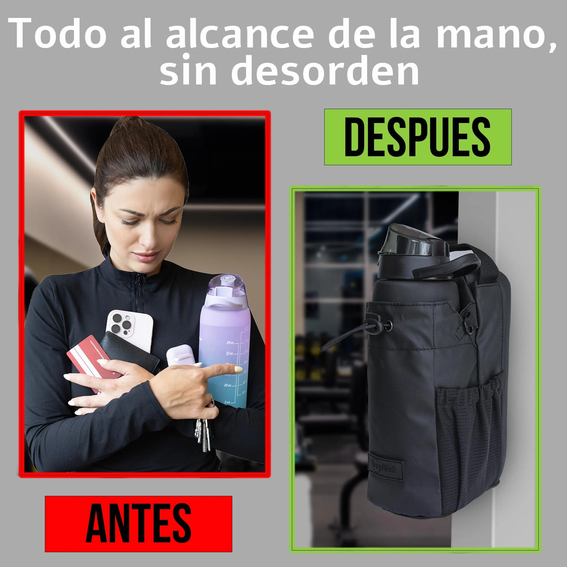 Bolsa Deportiva Magnética para Gimnasio con Soporte para Botella 1,5 L, Correa Ajustable, Negro
